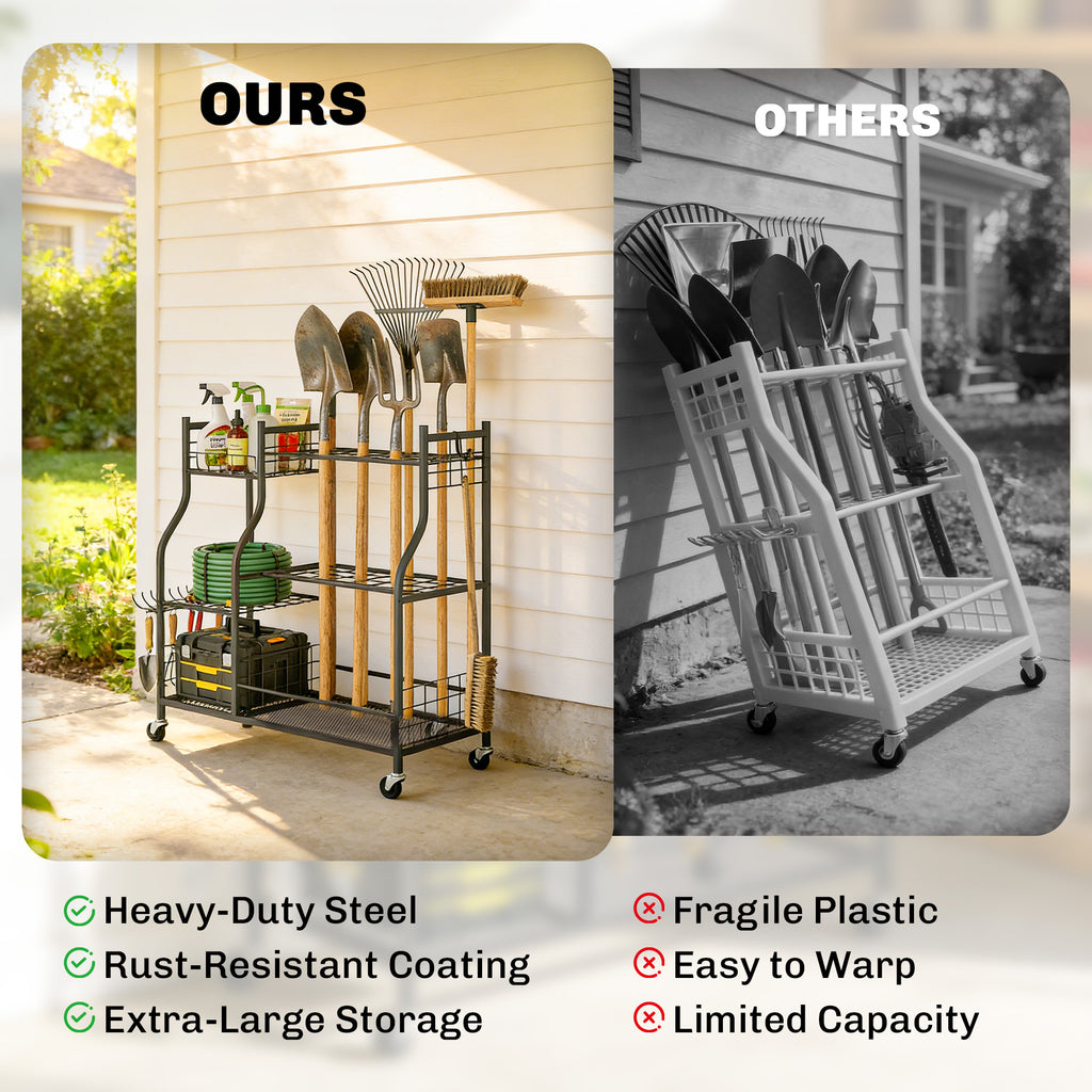 Garden Tool Organizer for Garage, 3-Tier Yard Tool Storage Rack with 32 Slots, 4 Wheels and 11 Hooks
