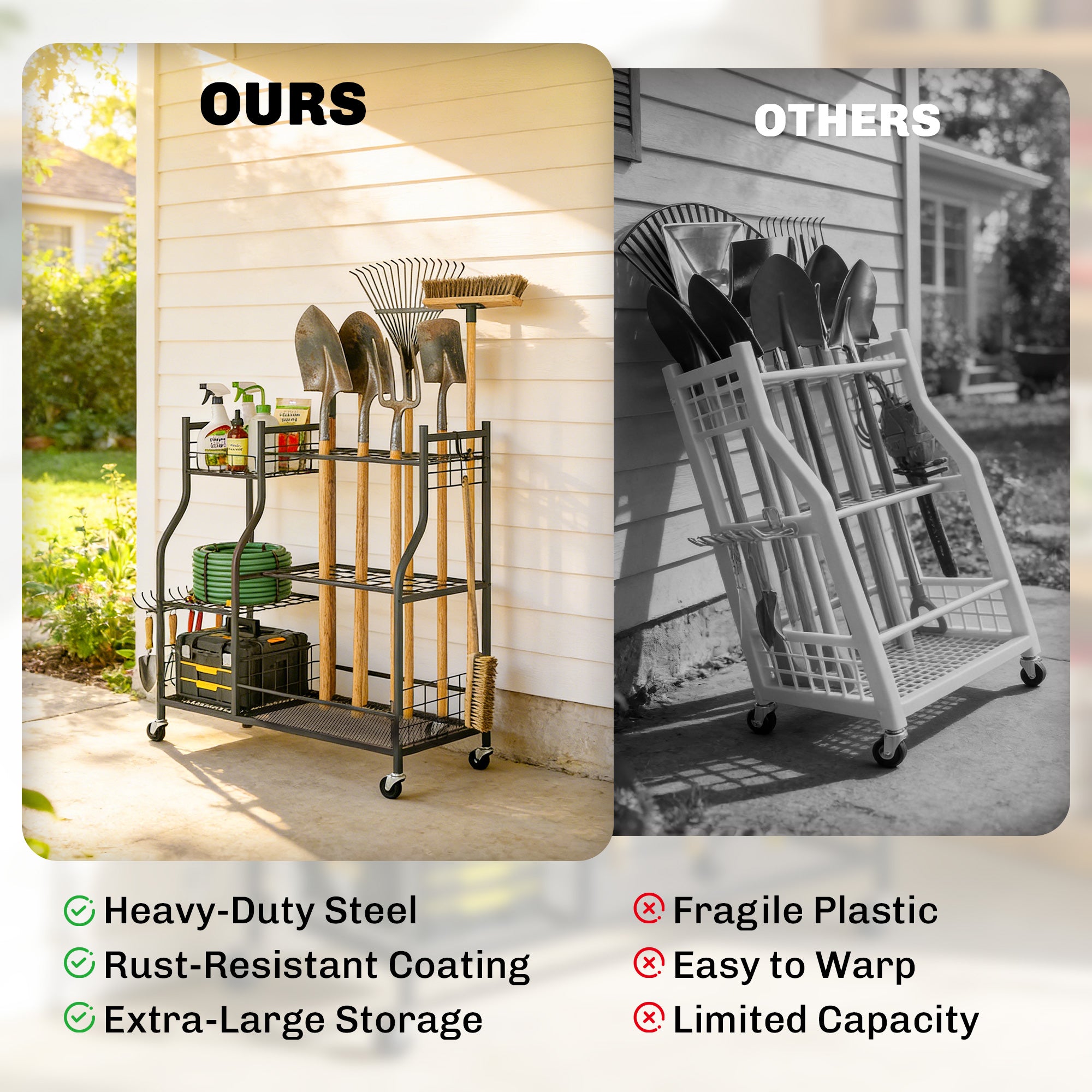 Garden Tool Organizer for Garage, 3-Tier Yard Tool Storage Rack with 32 Slots, 4 Wheels and 11 Hooks