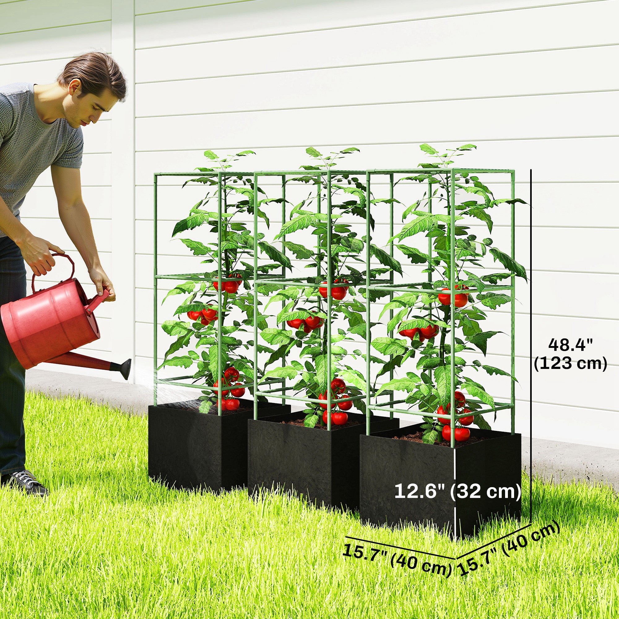 3 Packs Tomato Cages with 13.5 Gallon Grow Bags, Adjustable Square Plant Support Trellis