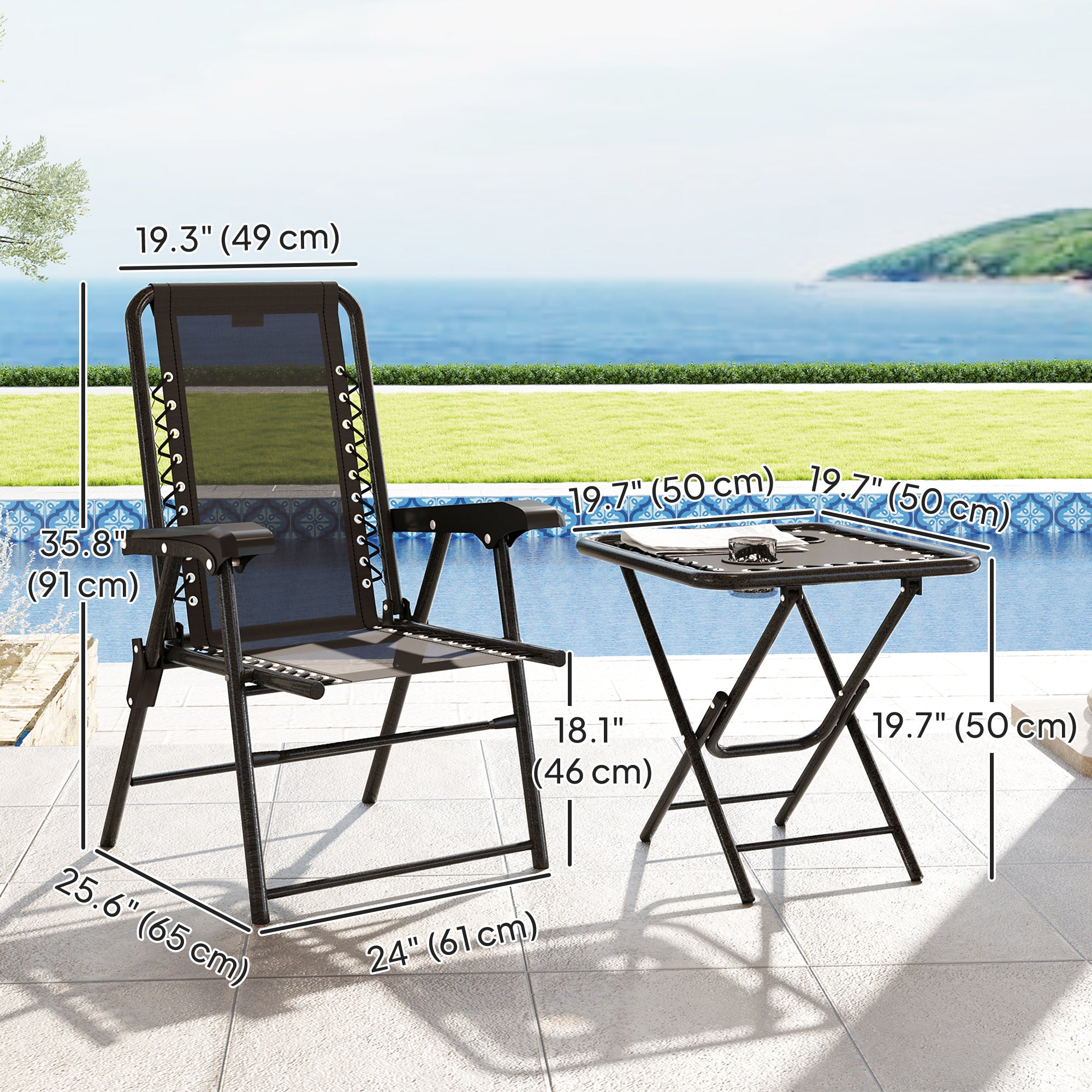 3 Pieces Patio Bistro Set, Outdoor Folding Table and Chairs Set, Metal Patio Furniture Set with Cup Holders