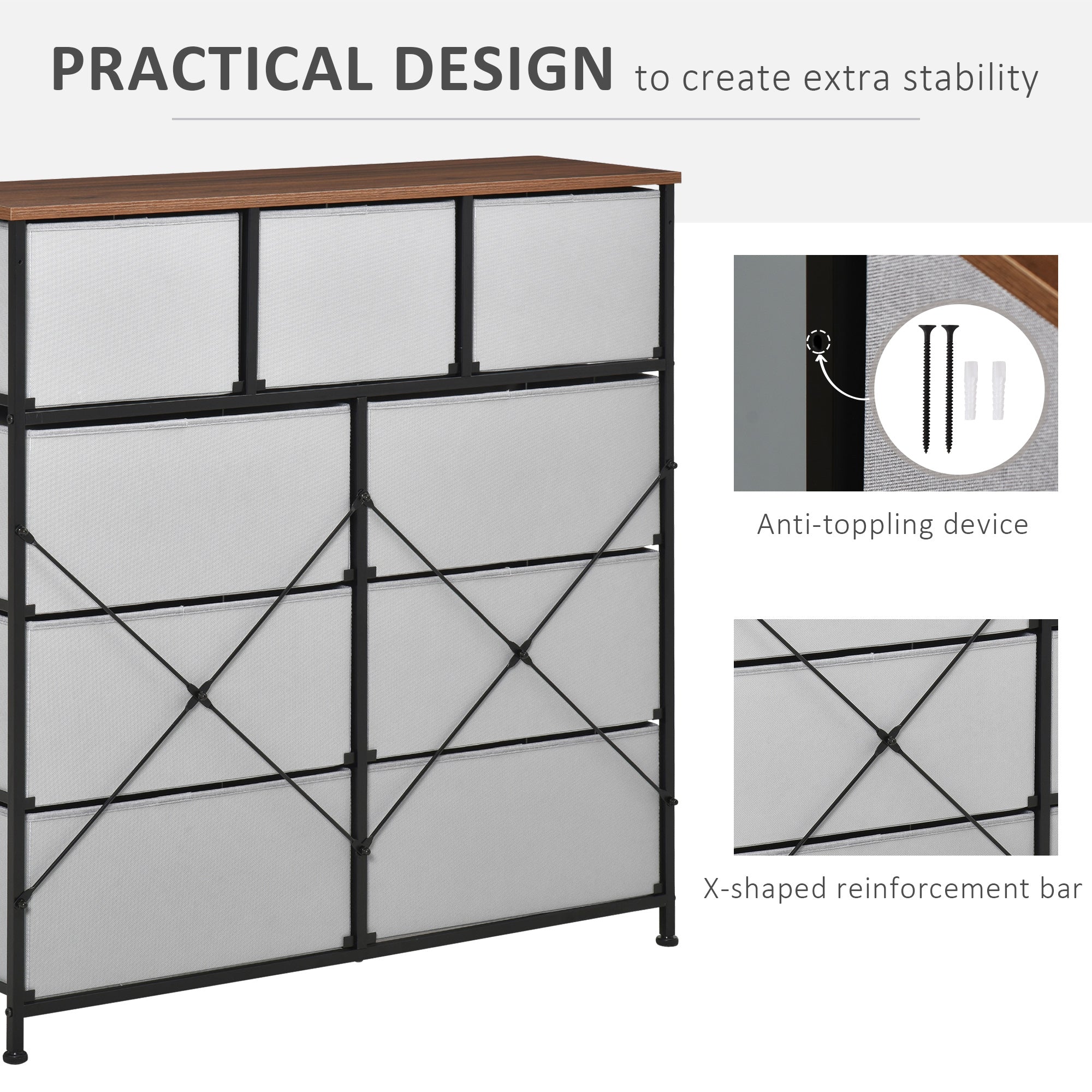 Dresser for Bedroom with 9 Drawers, 4-Tier Fabric Chest of Drawers, Tall Dresser Storage Tower with Steel Frame and Wooden Top for Closets, Nursery Room, Grey