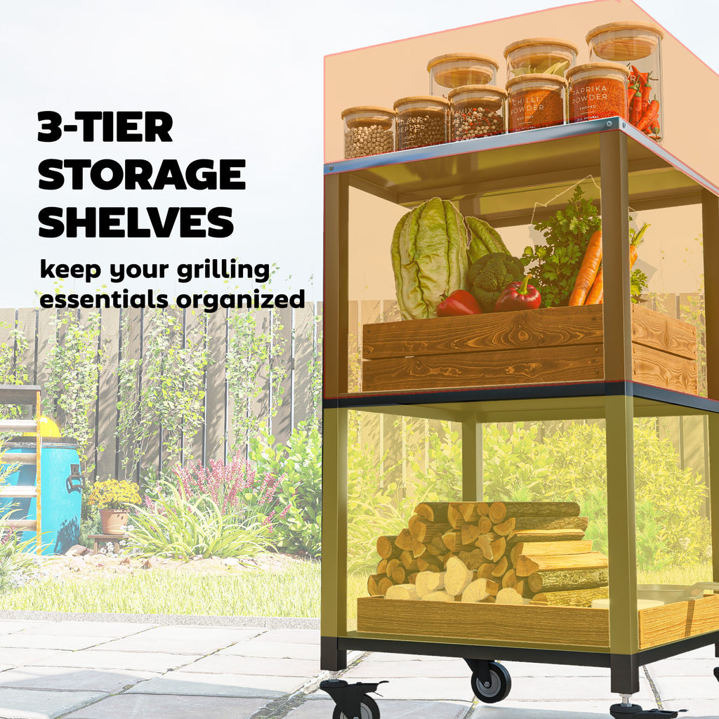 Outdoor Grill Cart, Pizza Oven Stand with Stainless Steel Top, 3-Tier Rolling Kitchen Prep Station with Wheels, Black