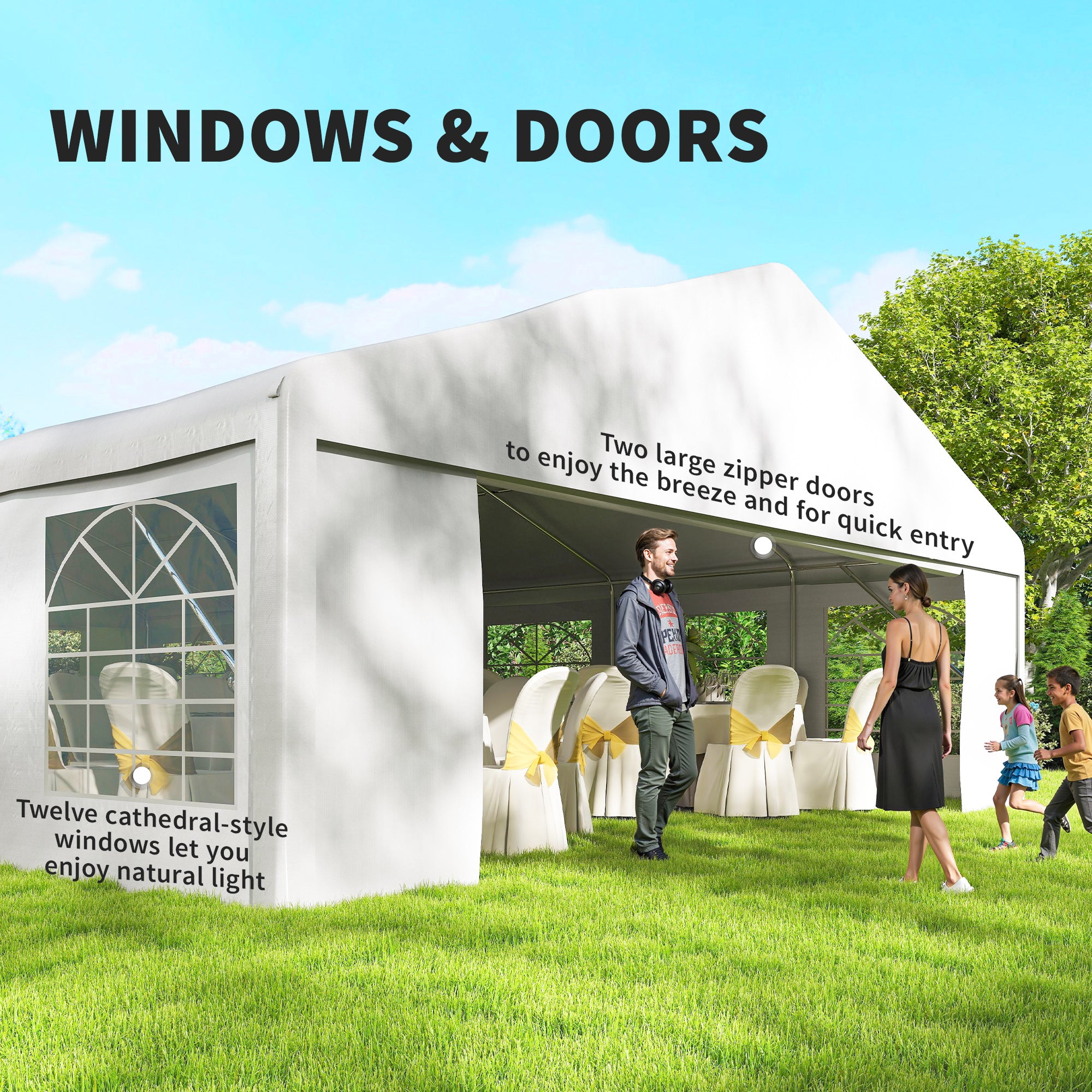 23' x 39' Party Tent, Heavy Duty Outdoor Canopy Tent Shelter with 2 Doors and 12 Windows for Parties, Events, White