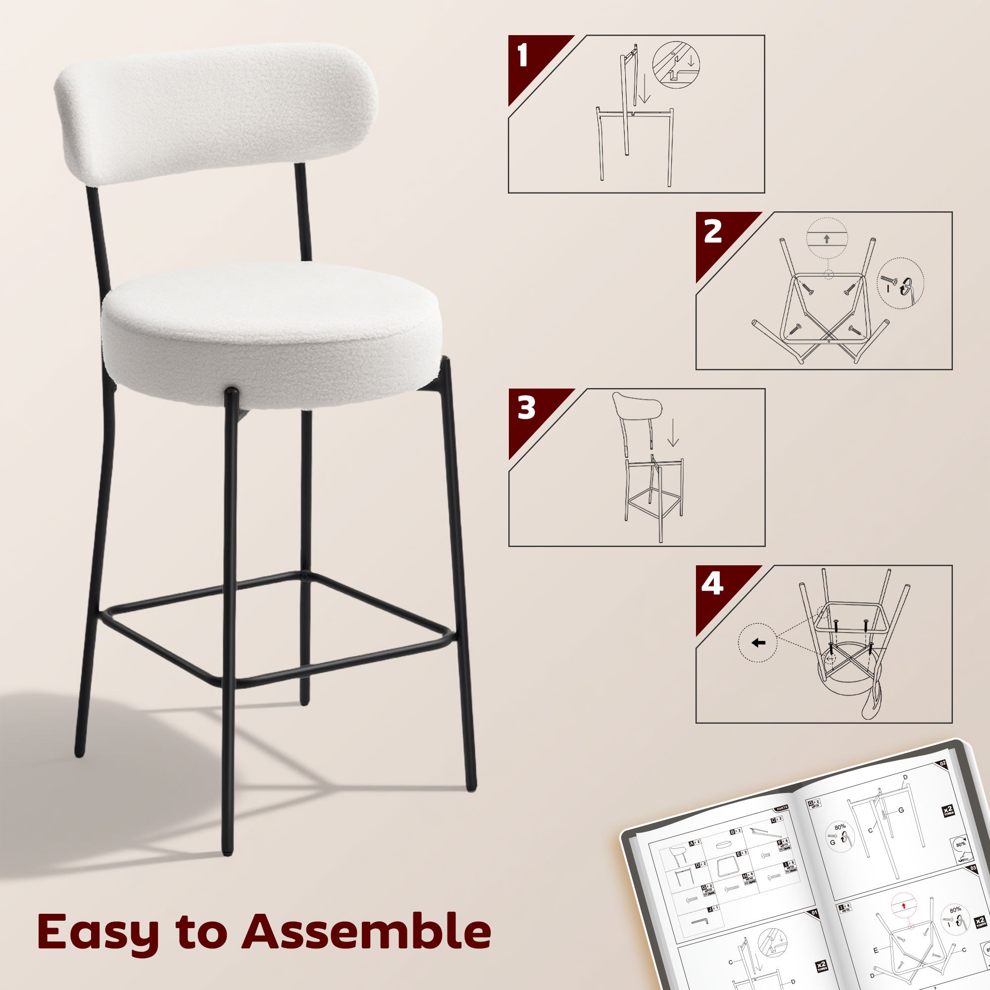 Set of 2 Barstools, Upholstered Bar Stools with Backrest, Footrest for Kitchen Island, Dining Room, Cream White
