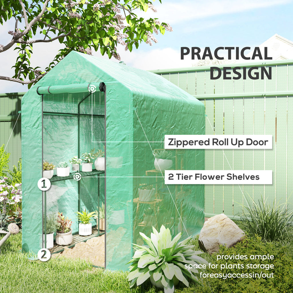 Walk-in Greenhouse Outdoor Portable Plant Flower Growth Warm House with Roll-up Door, 73" x 47" x 75", Green