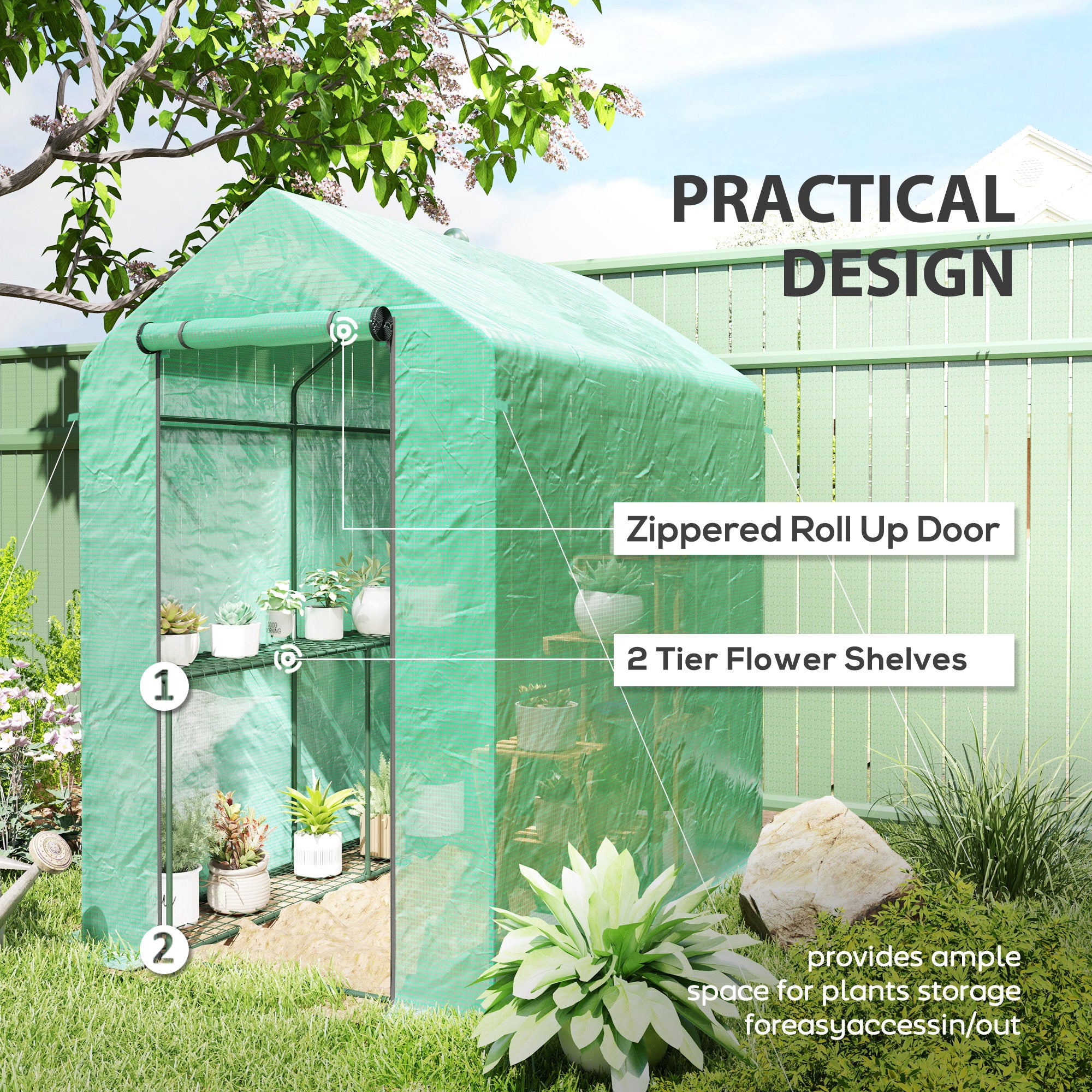 Walk-in Greenhouse Outdoor Portable Plant Flower Growth Warm House with Roll-up Door, 73" x 47" x 75", Green