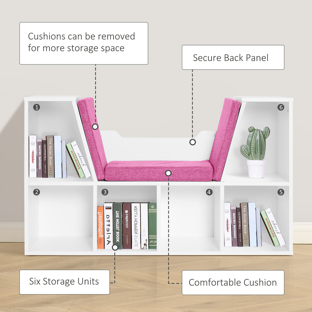 6-Cubby Bookcase with Seat Cushion, Cube Storage Shelf with Reading Nook for Home Office, Study, Pink