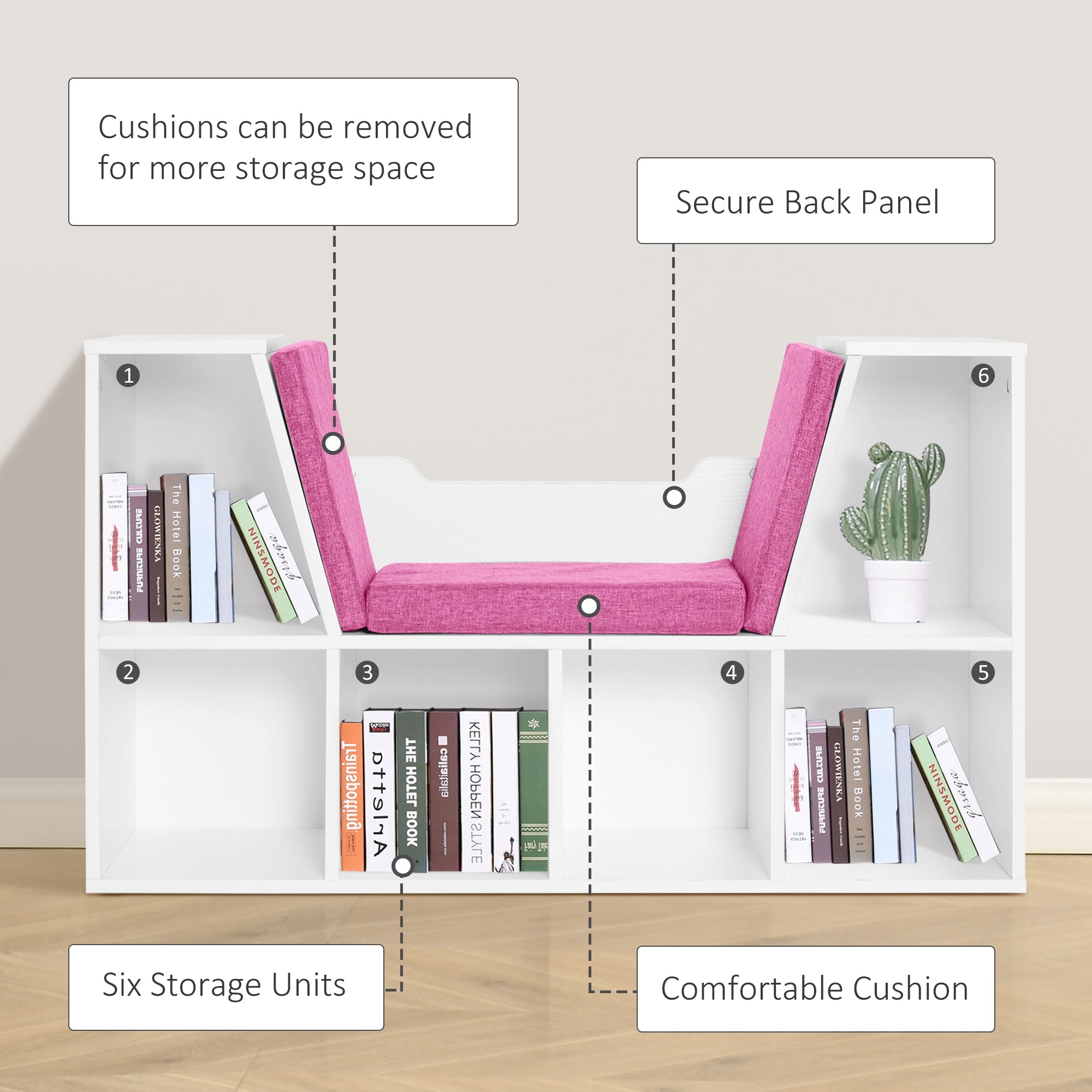 6-Cubby Bookcase with Seat Cushion, Cube Storage Shelf with Reading Nook for Home Office, Study, Pink
