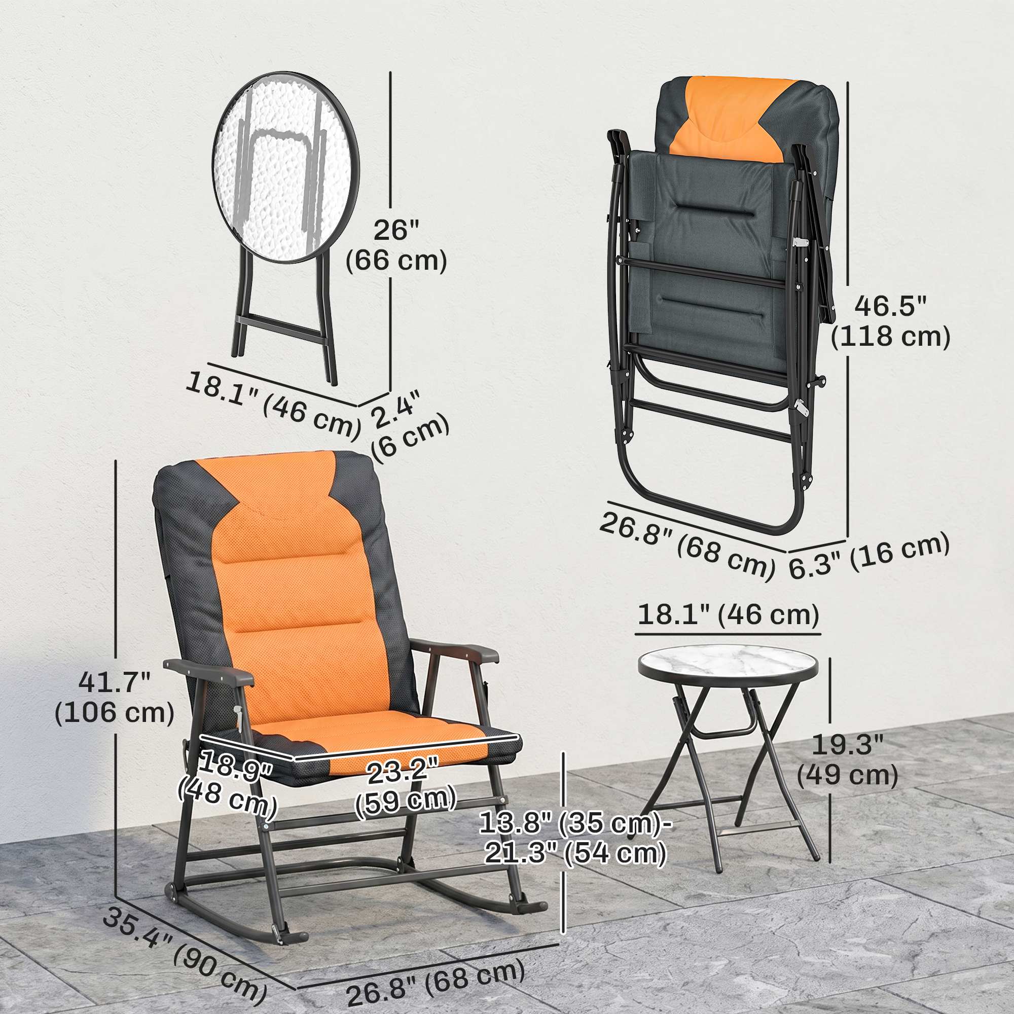 3-Piece Outdoor Foldable Rocking Chair Set, Orange