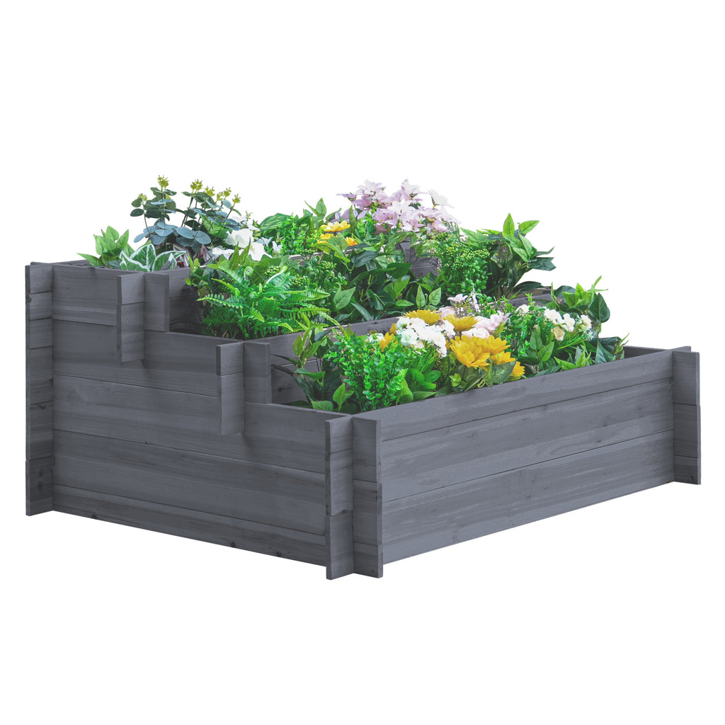 3-Tier Wood Raised Garden Bed, Elevated Planting Box, Outdoor Vegetable Flower Container, Herb Garden Indoor Kit, Gray