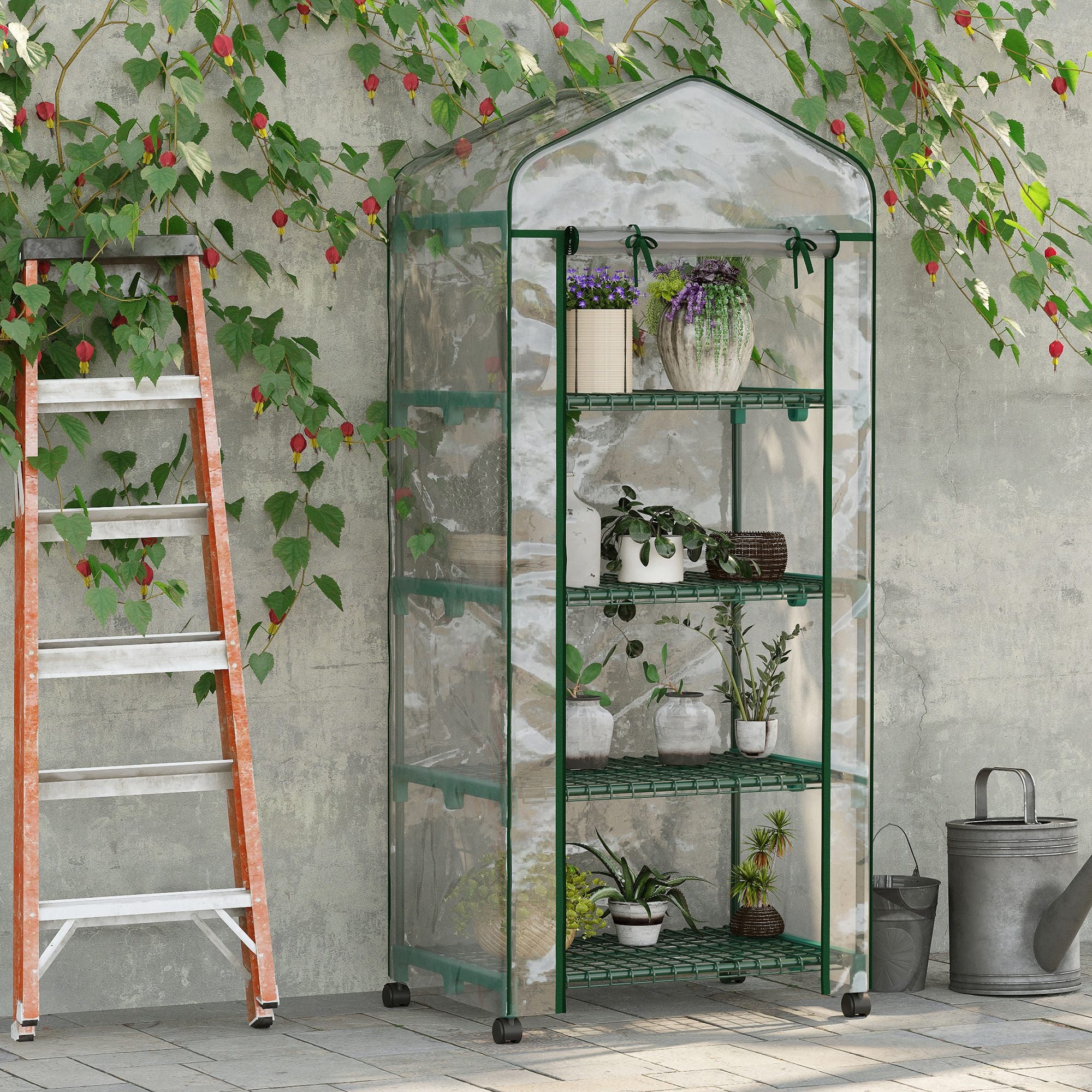 27" x 20" x 65" Portable Greenhouse with 4 Tier Shelves and Wheels, Outdoor Hot House Plant Flower Greenhouse, Steel Frame, Plastic Cover, Clear