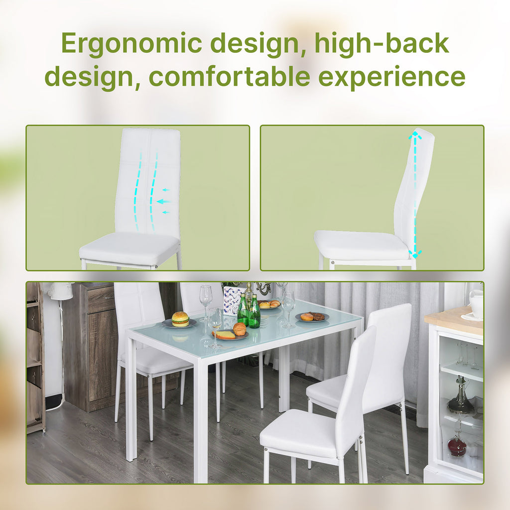 5-Piece Rectangular Glass Kitchen Table and Chairs with Metal Frame and Faux Leather Upholstery for Dining Room, White