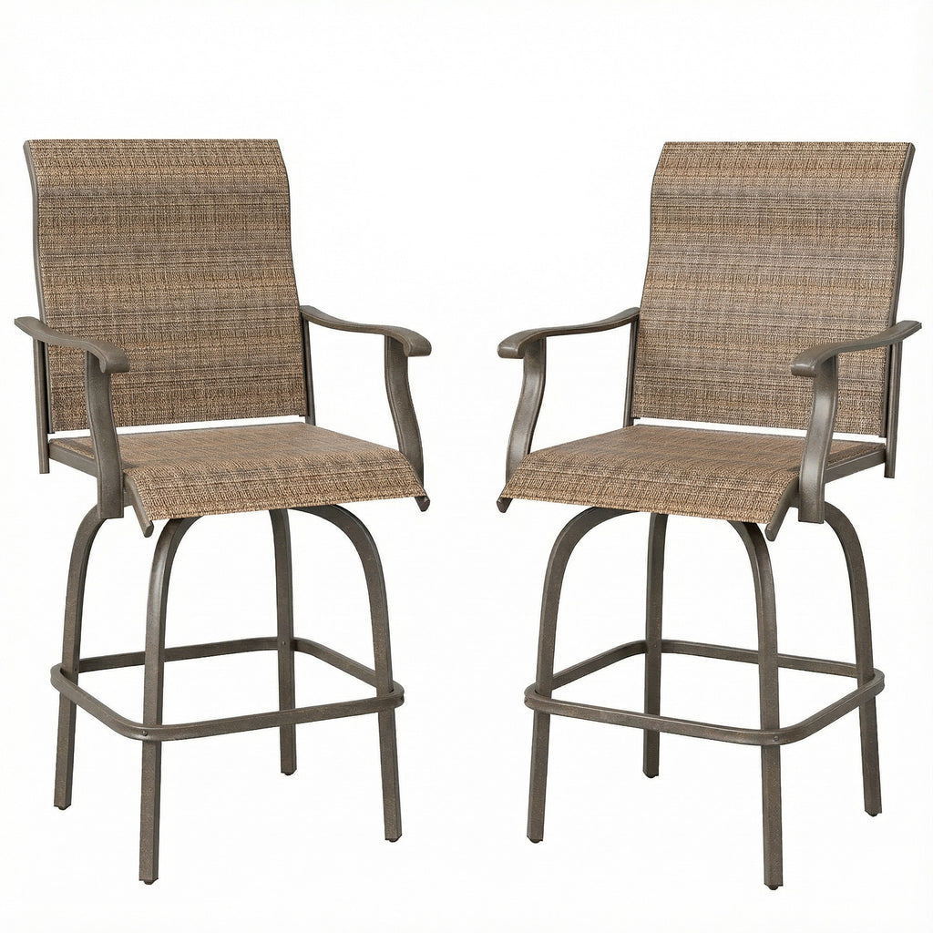 Outdoor Bar Stools Set of 2, Swivel Bar Height Chairs with High Back, Curved Armrests and Steel Frame for Balcony, Brown