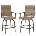 Outdoor Bar Stools Set of 2, Swivel Bar Height Chairs with High Back, Curved Armrests and Steel Frame for Balcony, Brown