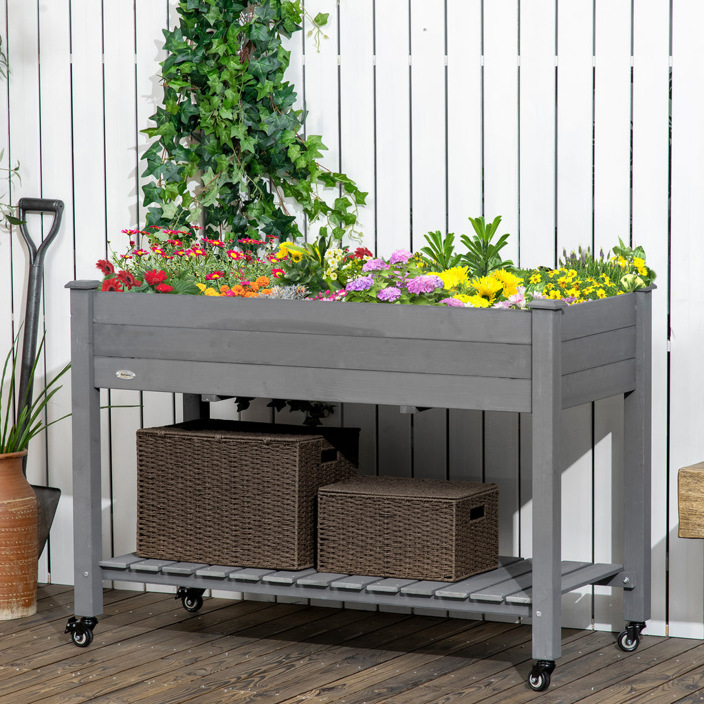Mobile Raised Garden Bed Elevated Wood Planter Box with Lockable Wheels, Storage Shelf for Herbs Vegetables, Dark Grey