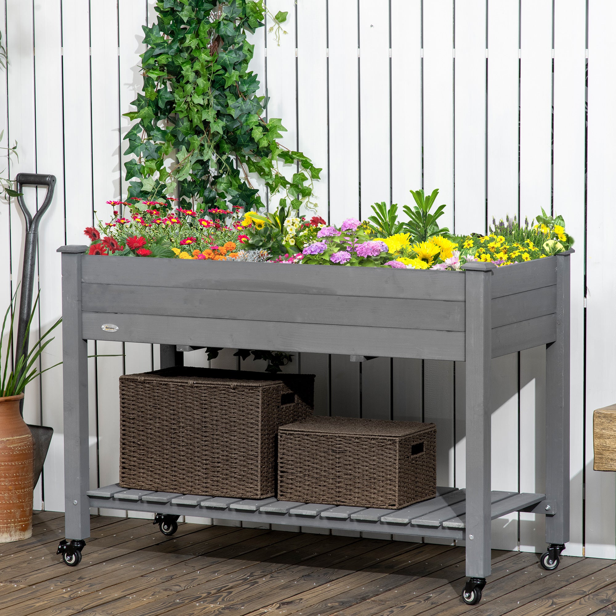 Mobile Raised Garden Bed Elevated Wood Planter Box with Lockable Wheels, Storage Shelf for Herbs Vegetables, Dark Grey
