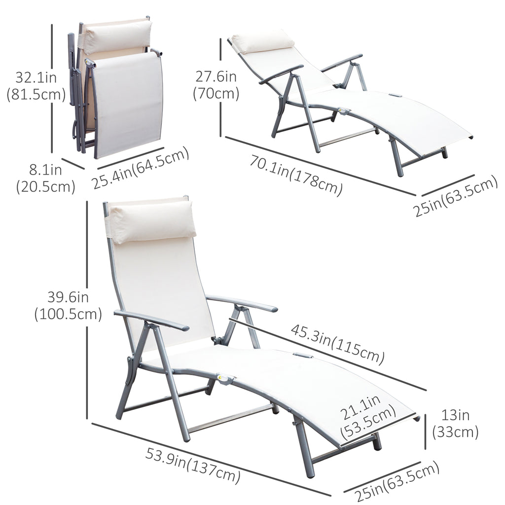 Outdoor Folding Chaise Lounge Chair Steel Portable Recliner with 7 Adjustable Backrest Positions, Cream White