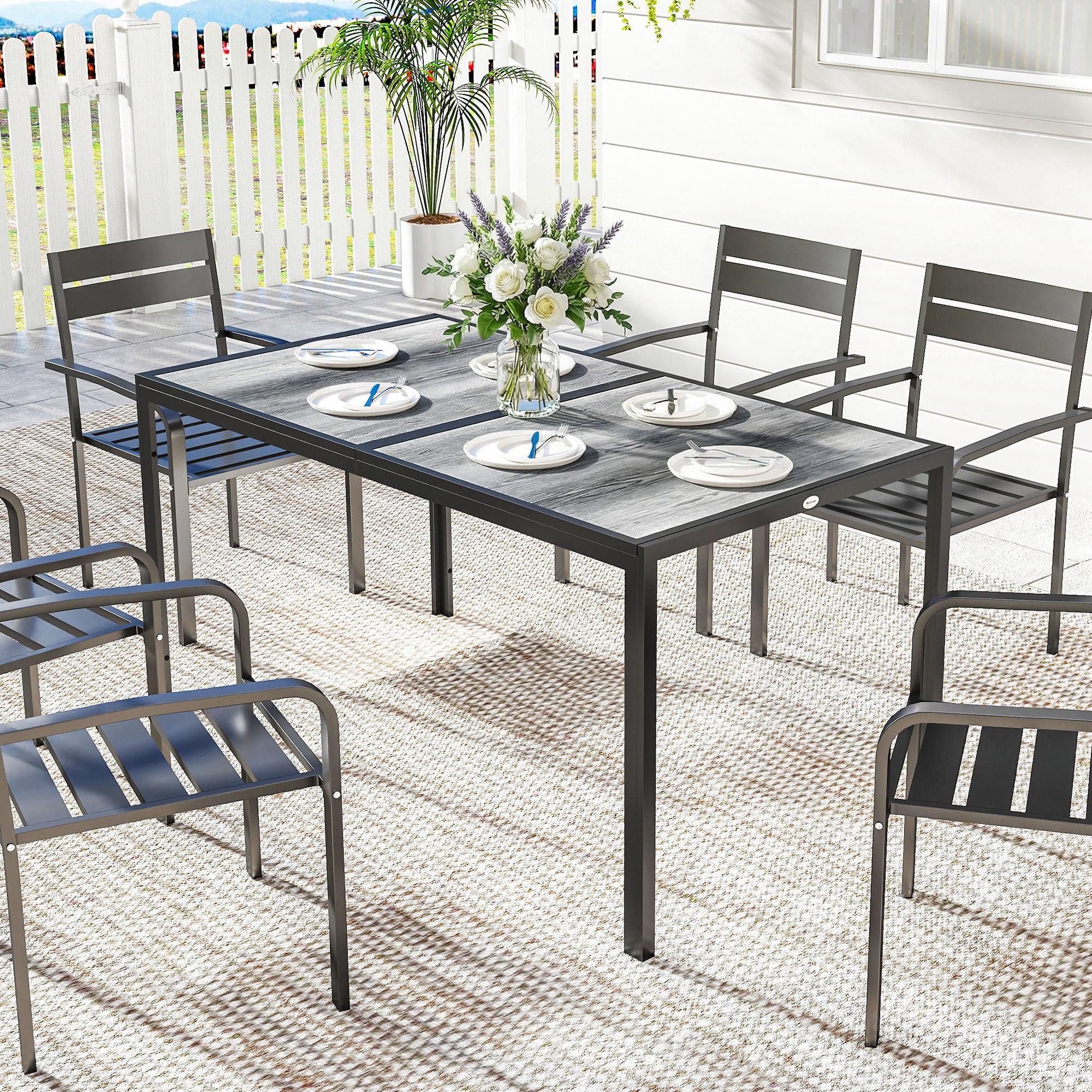 Outdoor Dining Table for 4-6, 59" Outdoor Patio Table with Metal Legs, Wood-Effect Top, Grey