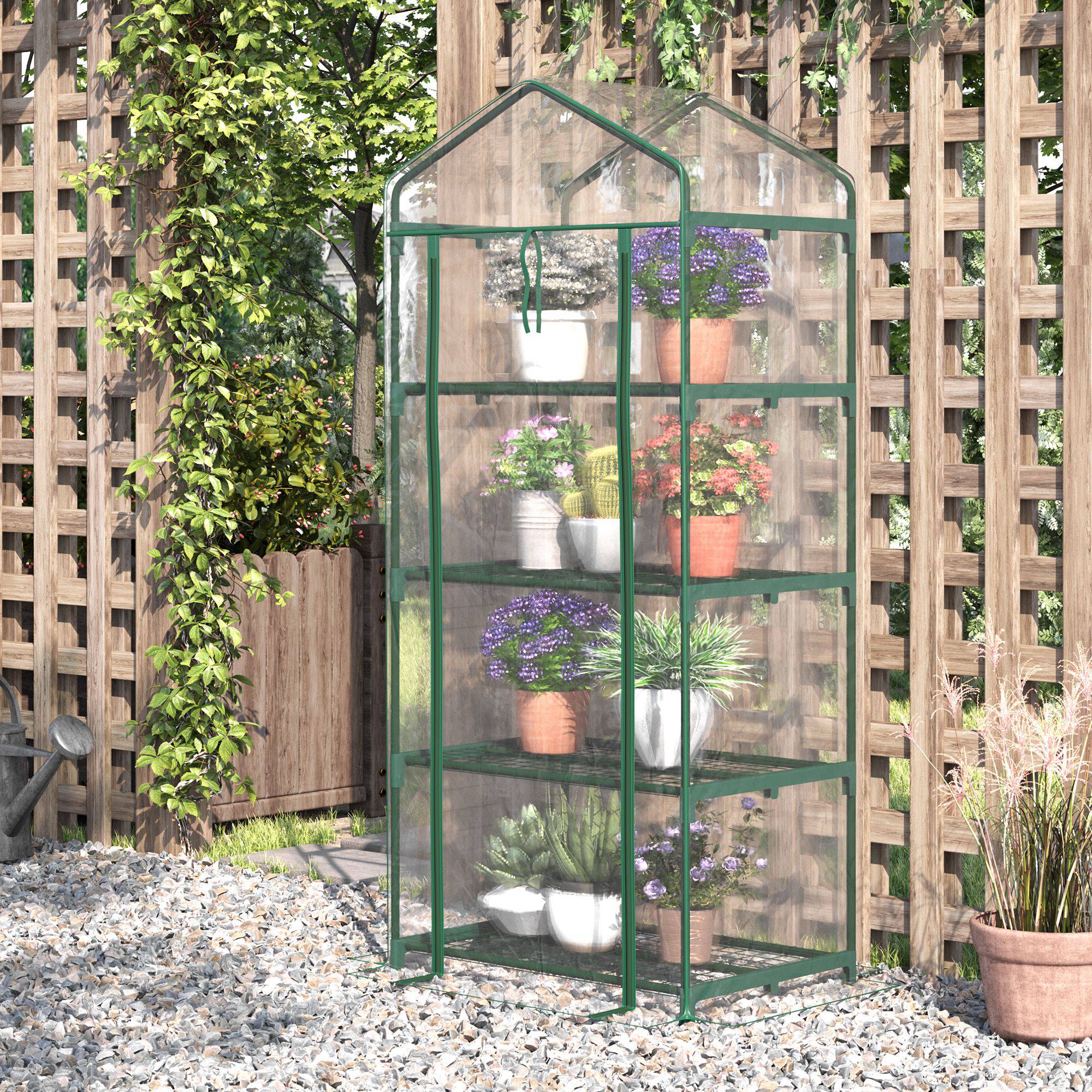 Portable Greenhouse with 4 Tier Shelves Outdoor Hot House, Steel Frame, PVC Cover, 28" x 20" x 63", Transparent