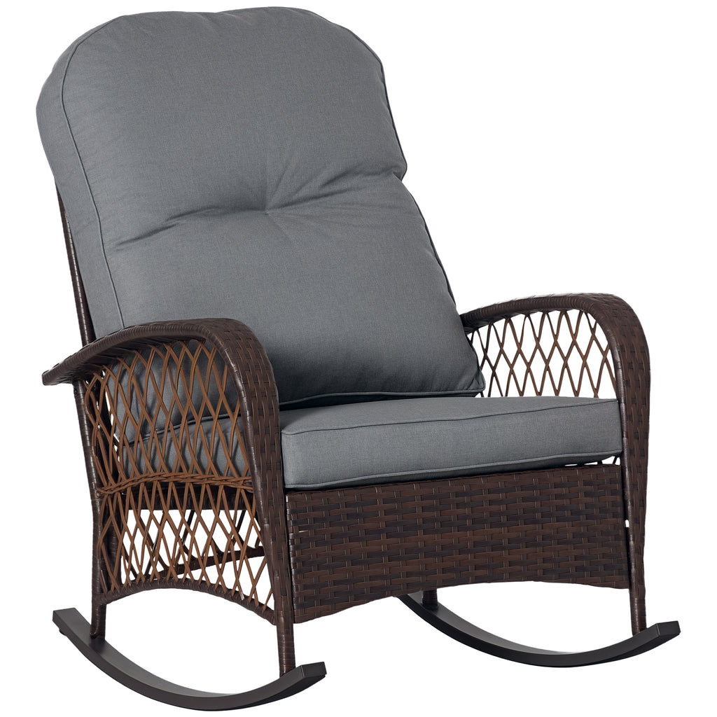 Rattan Rocking Chair, Outdoor Wicker Patio Rocker Chair Furniture with Thick Cushions, for Garden Backyard Porch, Grey
