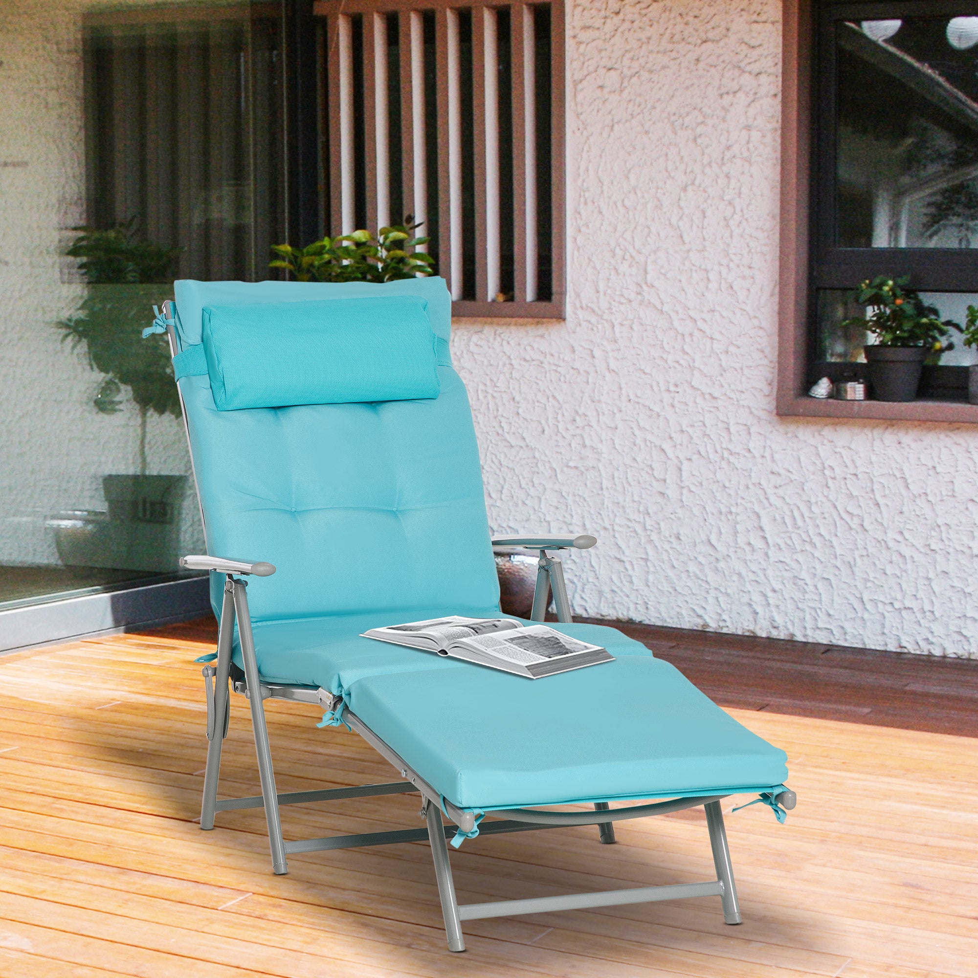 Lounge Chair Outdoor, Folding Patio Chaise Lounger, 360 lbs 7-Position Adjustable Back Outdoor Recliner with Cushion, Headrest for Garden, Backyard, Poolside, Blue
