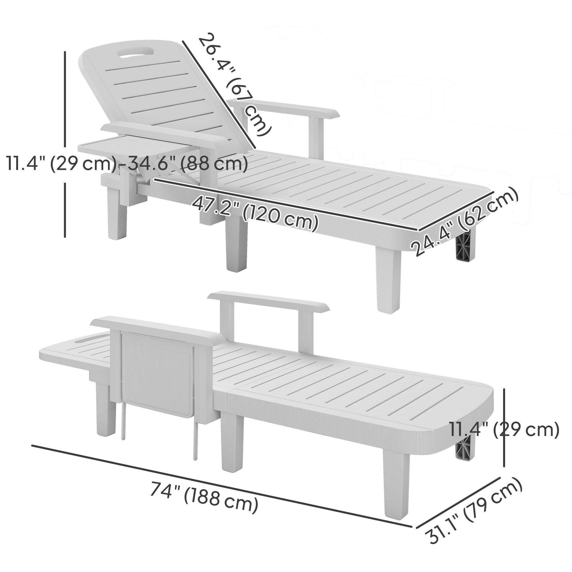 Set of 2 Tanning Chair, 5 Positions Adjustable Outdoor Lounge Chairs with Foldable Side Table, White