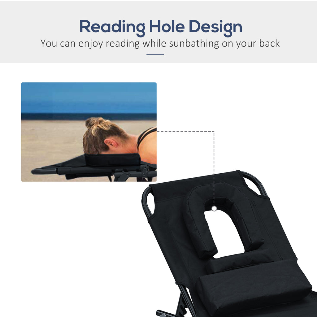 Folding Outdoor Lounge Chair, Portable Reclining Beach Lounger with Face Hole, Detachable Pillow, 4-Position Adjustable Backrest, For Patio, Garden, Poolside, Black
