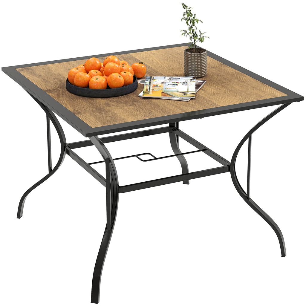37" Garden Outdoor Dining Table for 4, Square Patio Table with Umbrella Hole, Plastic Board Tabletop for Backyard, Poolside, Mixed Brown