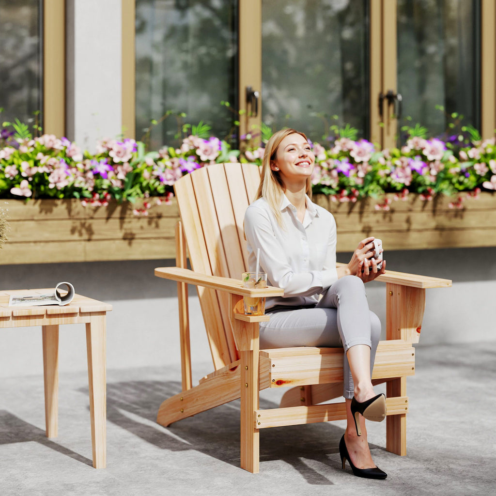 Classic Adirondack Chair Muskoka Chair, Garden Deck Chair with Cup Holder for Patio, Indoor, Backyard, Natural