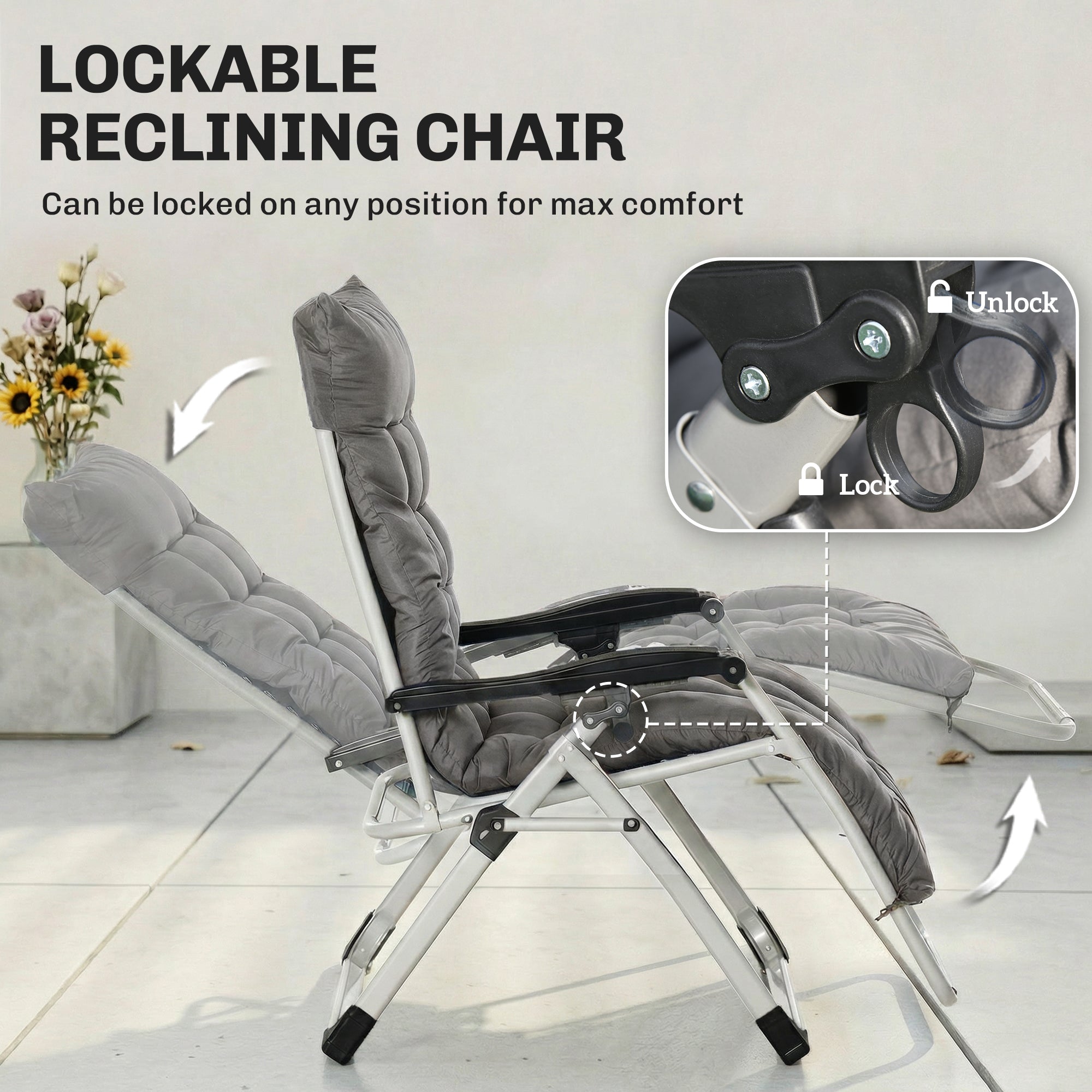 Reclining Zero Gravity Chair with Adjustable Backrest, Folding Garden Sun Lounger, Outdoor Recliner with Removable Cushion and Headrest, Dark Grey