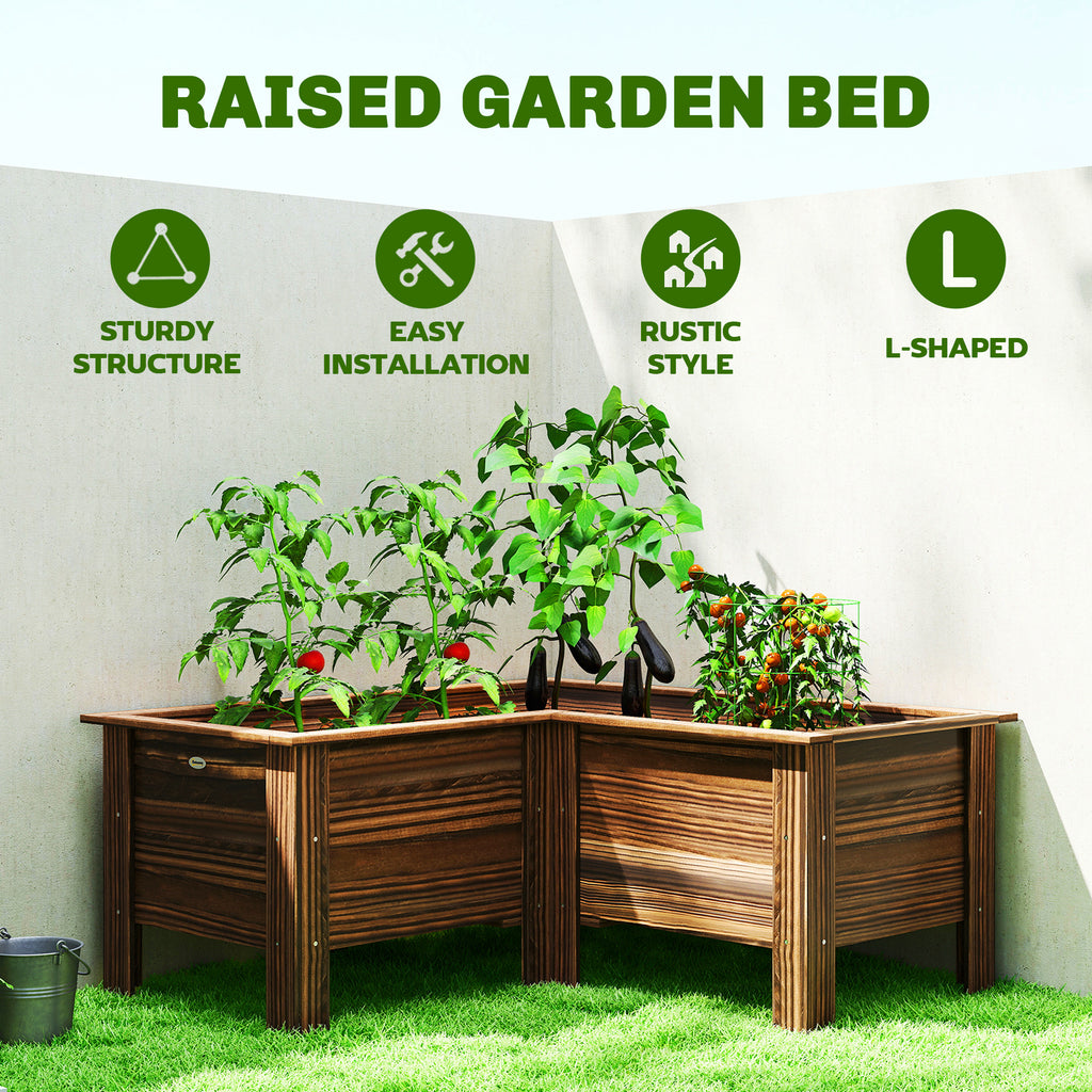 Raised Garden Bed, Wooden Elevated Planter Box Outdoor with Legs, for Vegetables, Flowers, Herbs, L-shaped, Carbonized