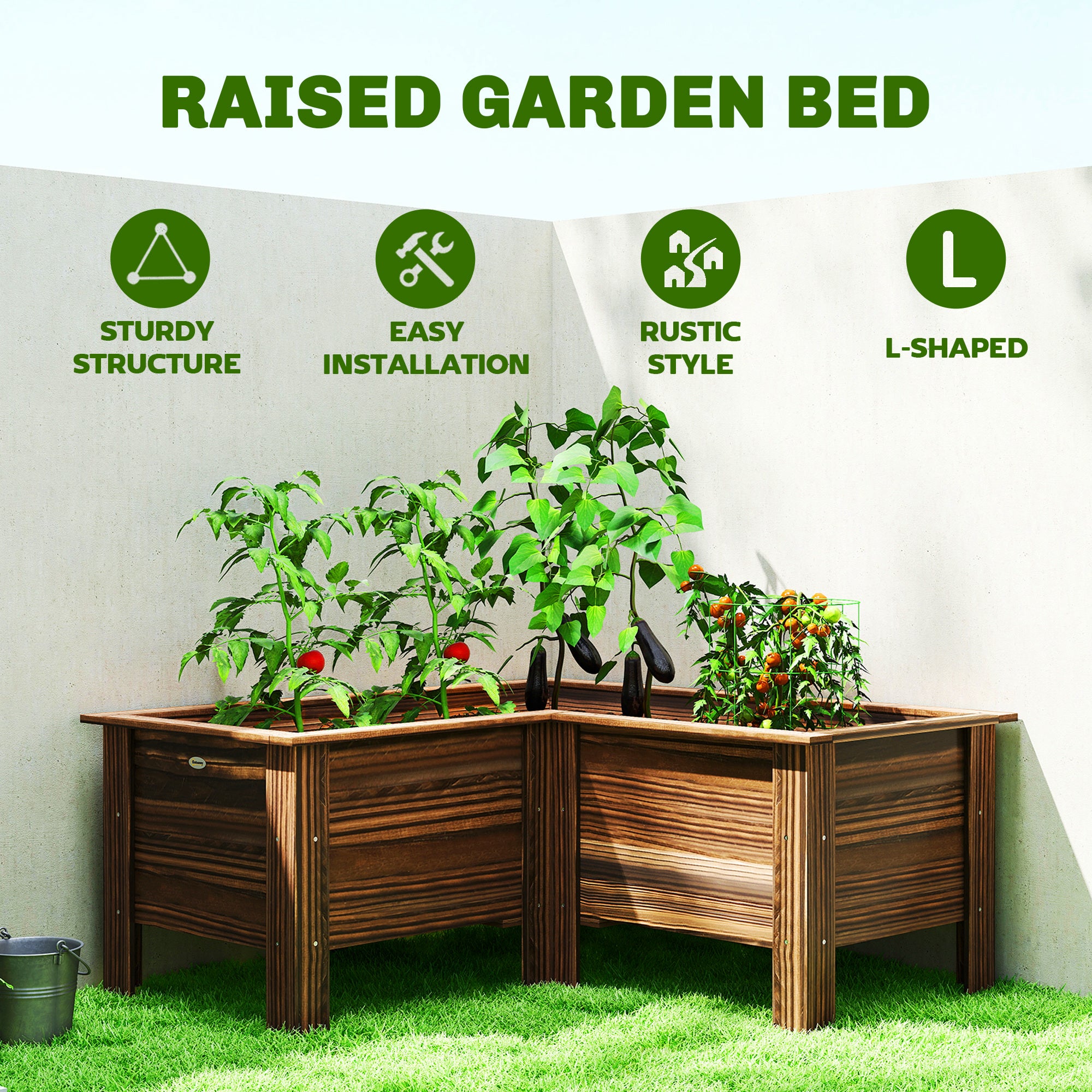 Raised Garden Bed, Wooden Elevated Planter Box Outdoor with Legs, for Vegetables, Flowers, Herbs, L-shaped, Carbonized