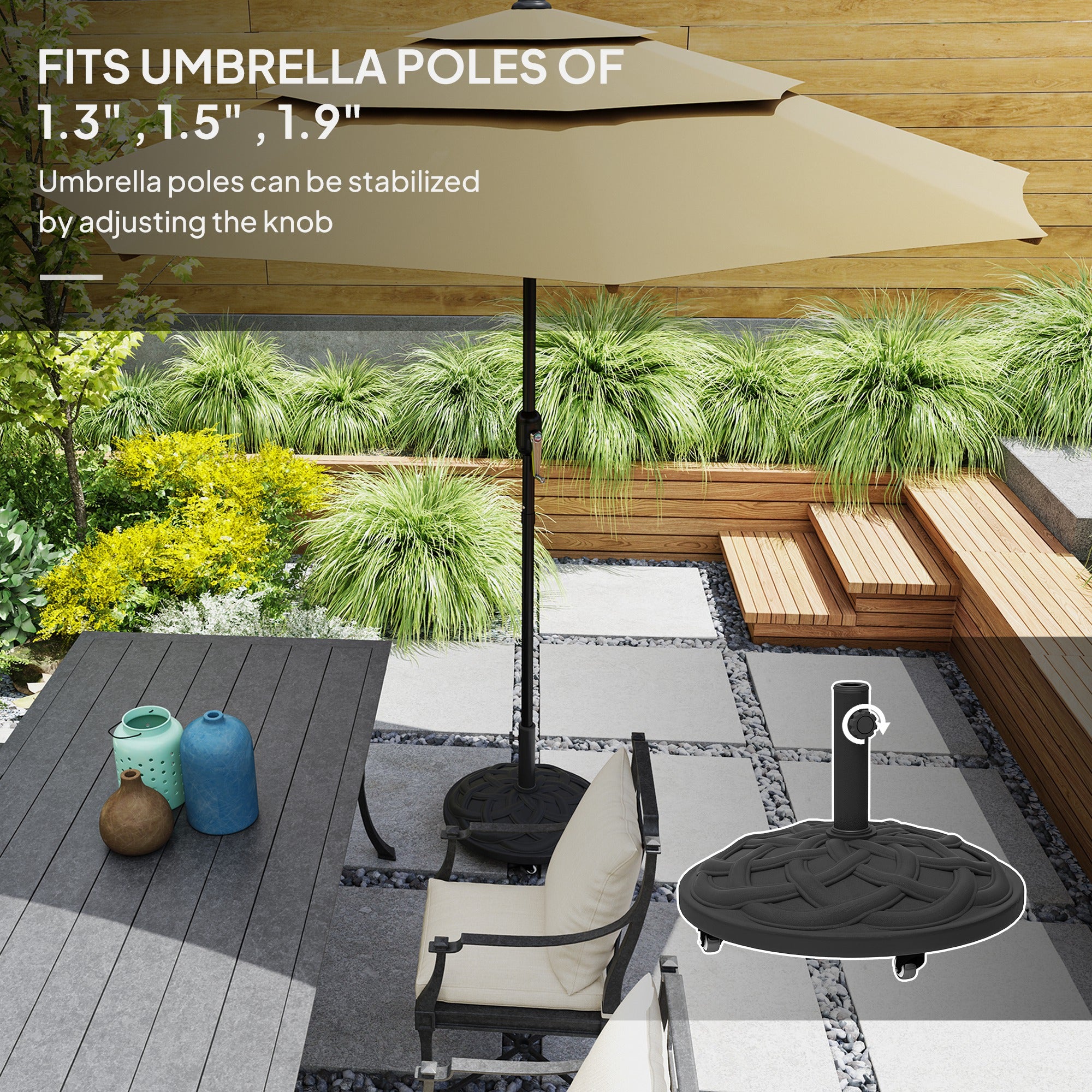 Round Patio Umbrella Base with Wheels, 44 lbs Resin Umbrella Stand Base, 1.3"/1.5"/1.9" Umbrella Poles Black