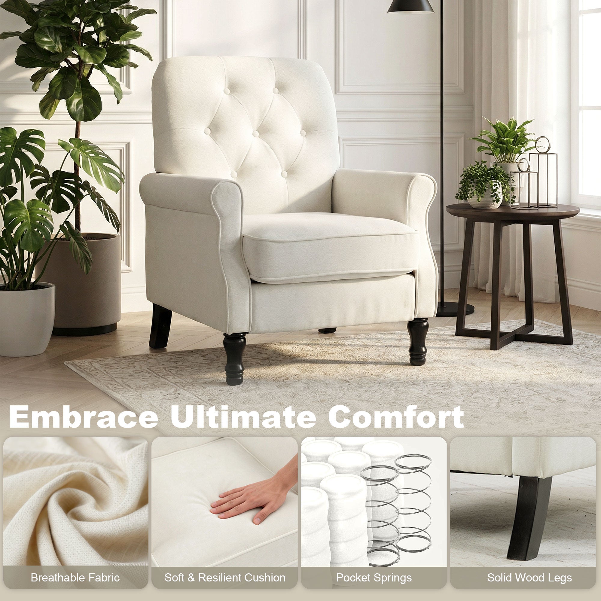 Accent Chair, Mid-Century Modern Armchair with Thick Padded Seat, Spring Cushion, Solid Wood Legs, Cream White