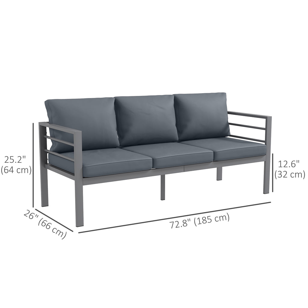 Aluminum Garden Sofa, 3-Person Outdoor Couch, Backyard Furniture for 3-person with Cushions, 72.8" x 26" x 25.2", Grey