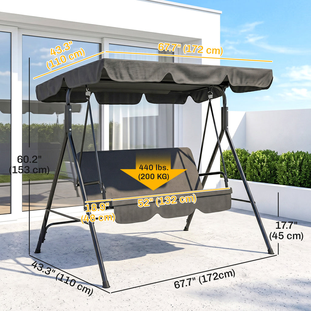 3-Seater Outdoor Porch Swing with Adjustable Canopy, Patio Swing Chair for Garden, Poolside, Backyard, Black