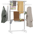 3-Tier Foldable Clothes Drying Rack, Stainless Steel Laundry Rack with 2 Side Wings and 6 Castors, Collapsible Adjustable Clothes Airer for Indoor Outdoor, White