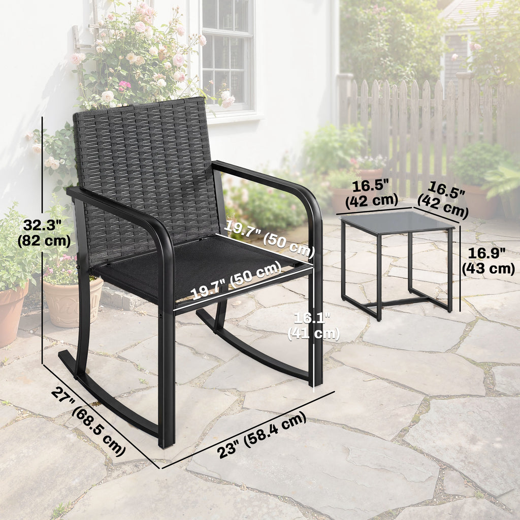 3 Pieces Rocking Bistro Set Outdoor Patio Furniture Set with Cushions, Glass Coffee Table for Balcony, Grey