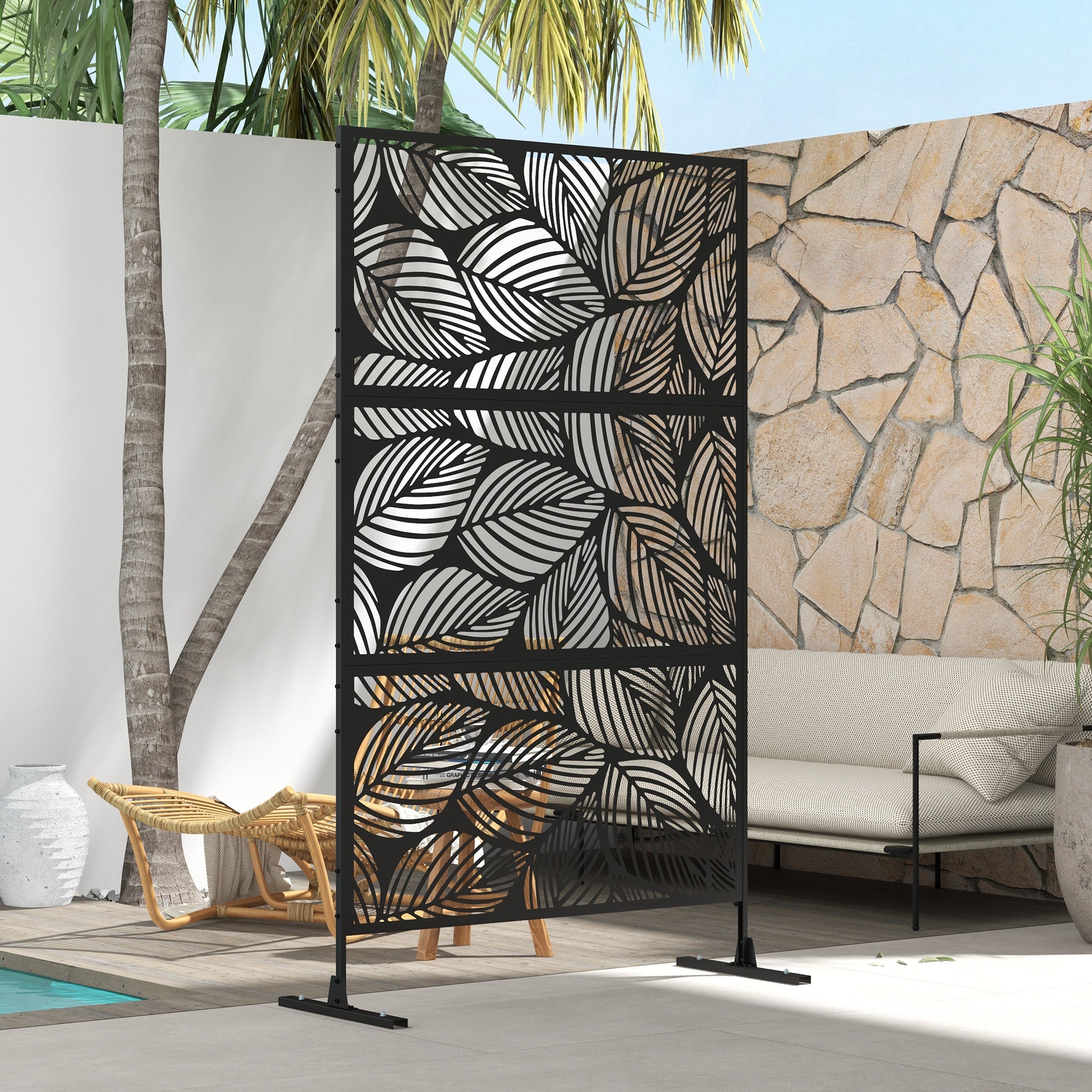 6.5FT Decorative Outdoor Divider, Metal Privacy Screen with Stand, Leaf Style, Black