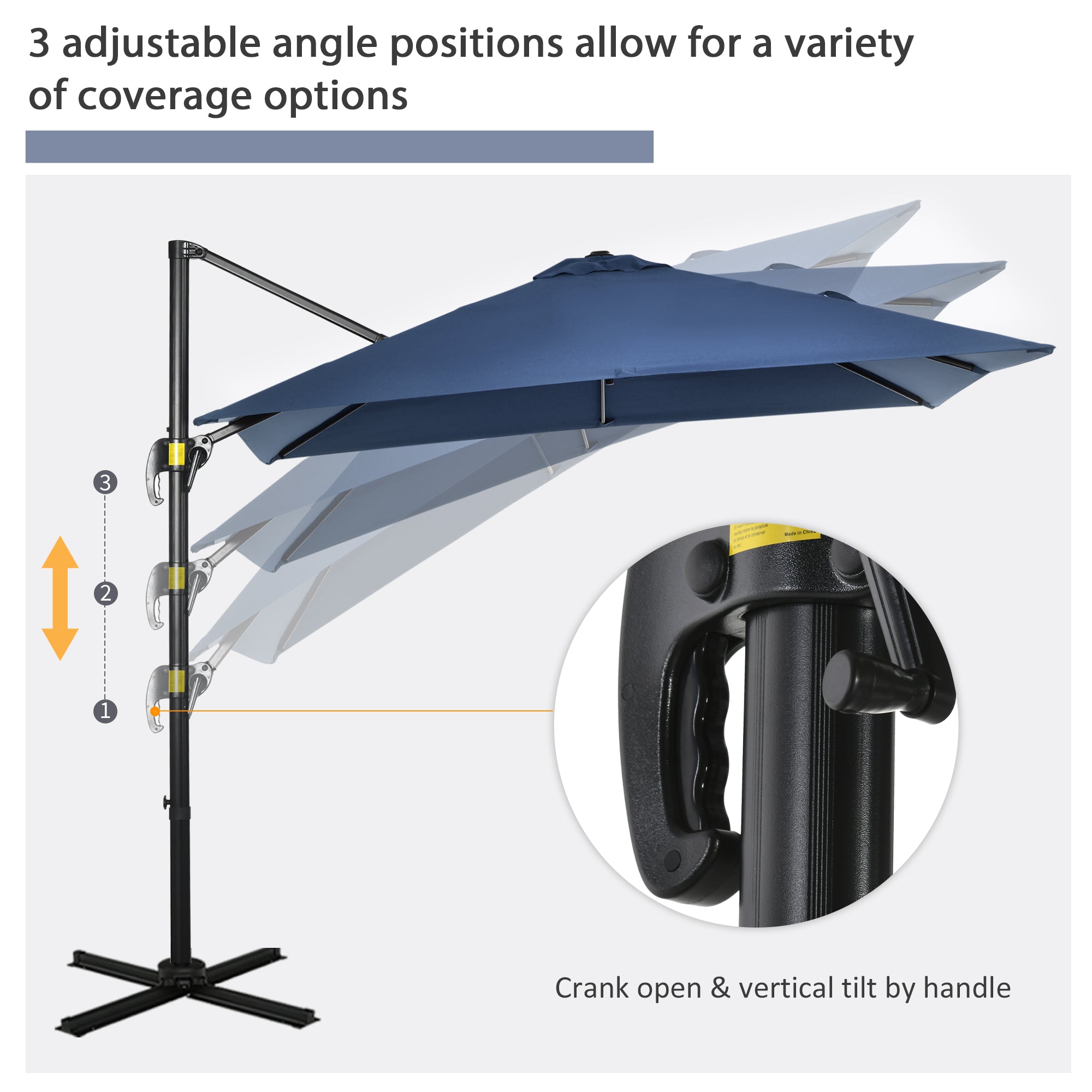 8' x 8' Square Patio Hanging Offset Umbrella with 360Â° Rotation, Aluminum Outdoor Cantilever Parasol with Crank & Tilt, Sun Canopy Shelter with Cross Base, Dark Blue