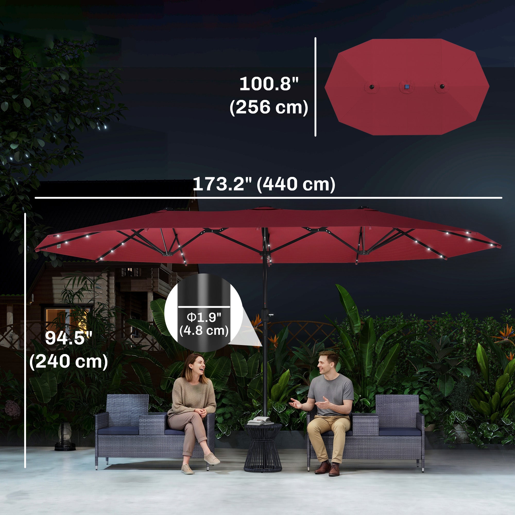 173.2" Double-Sided Sun Umbrella Garden Parasol Patio Sun Shade Outdoor with LED Solar Light, No Base Included, Wine Red