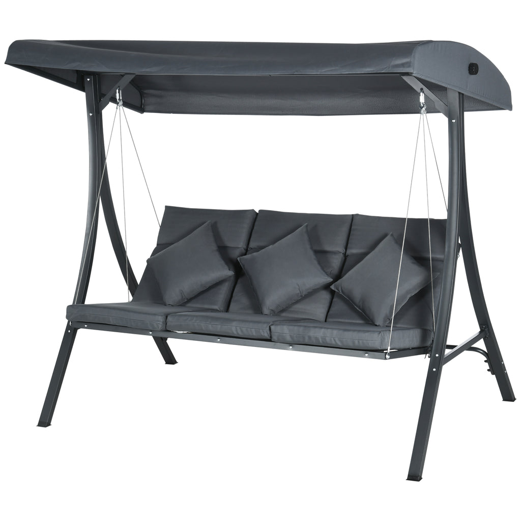 3-Person Patio Swing Chair, Outdoor Porch Swing Bench with Adjustable Canopy, Cushioned Seat, Dark Grey