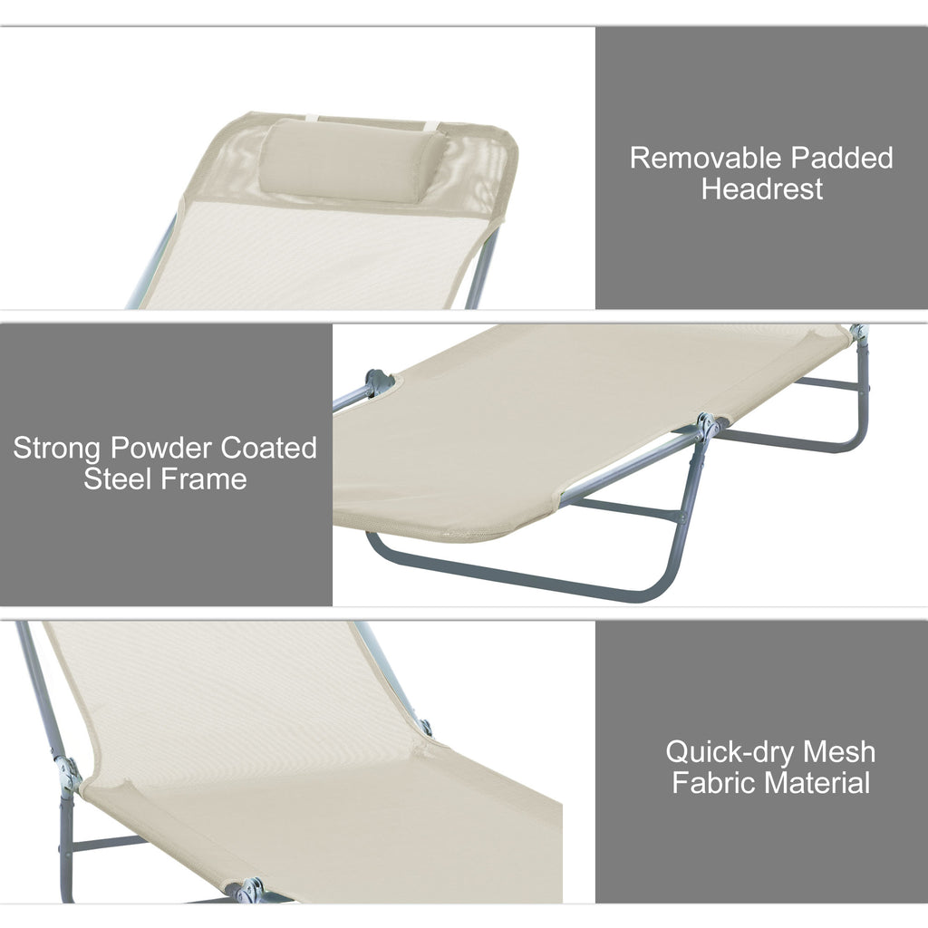 Outdoor Lounge Chair, Portable Adjustable Reclining Seat Folding Chaise Lounge Patio Camping Beach Tanning Chair Bed with Pillow, Beige