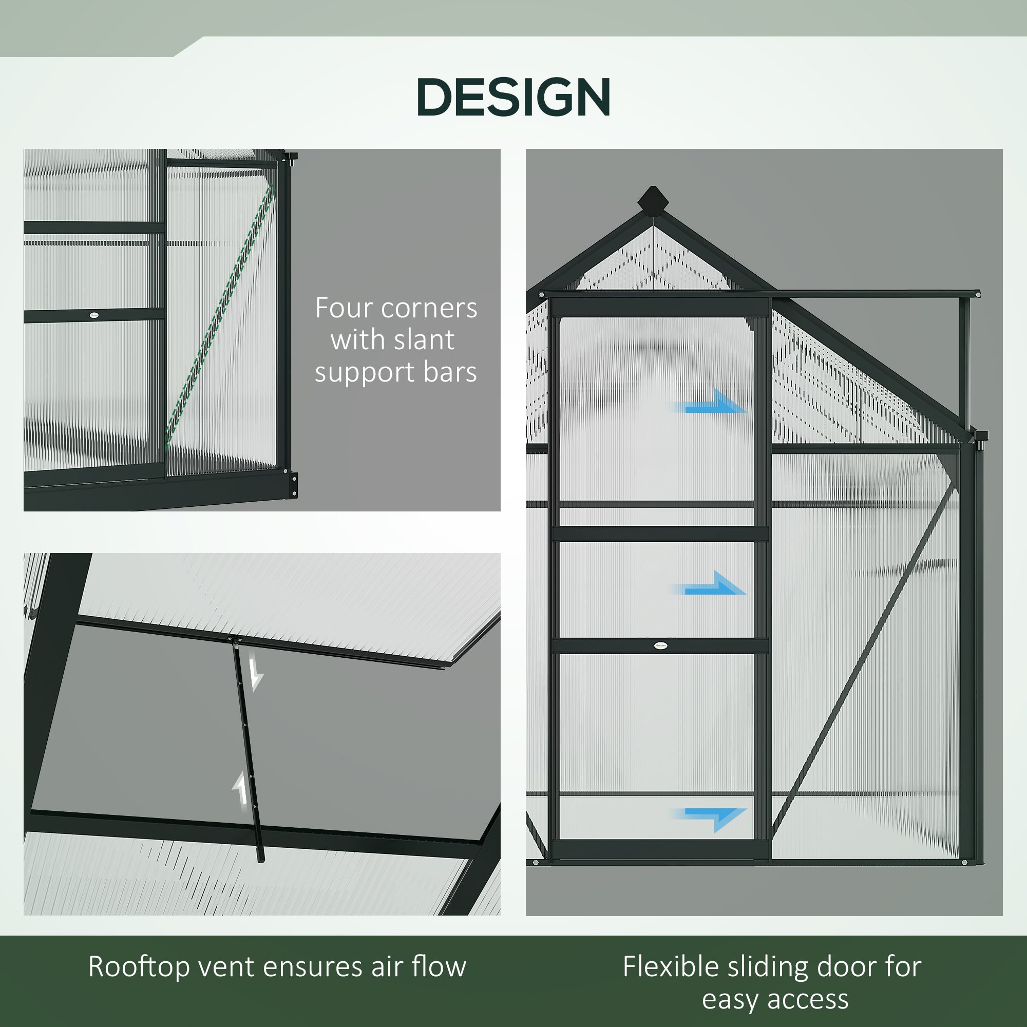 Greenhouse Garden, Green House, Outdoor Greenhouse Kit, PC Board with Sliding Door, 6.2' x 4.3' x 6.6', Grey