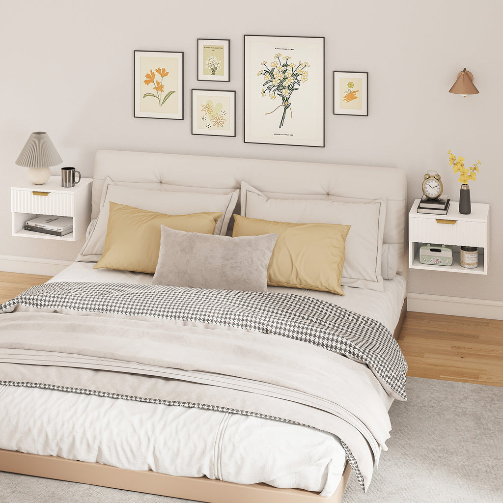 Floating Nightstands, Wall Mounted Bedside Tables Set of 2 with Drawer and Open Shelf, White