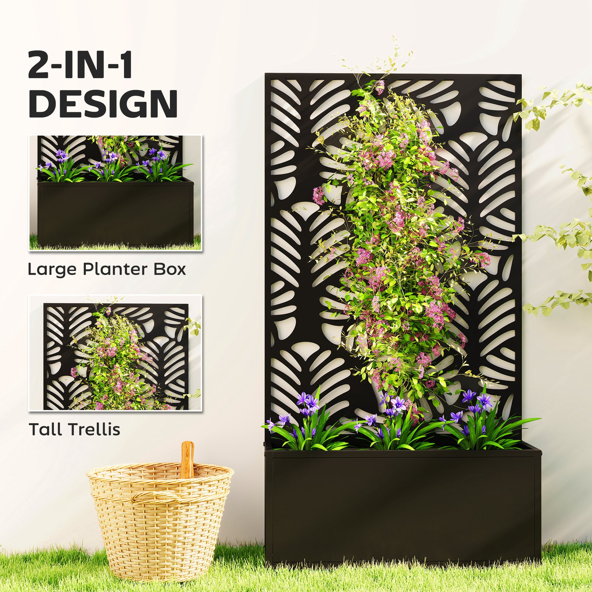 Metal Garden Bed with Trellis for Climbing Plants, Freestanding or Wall Mounted Flower Bed for Garden, Patio, Balcony