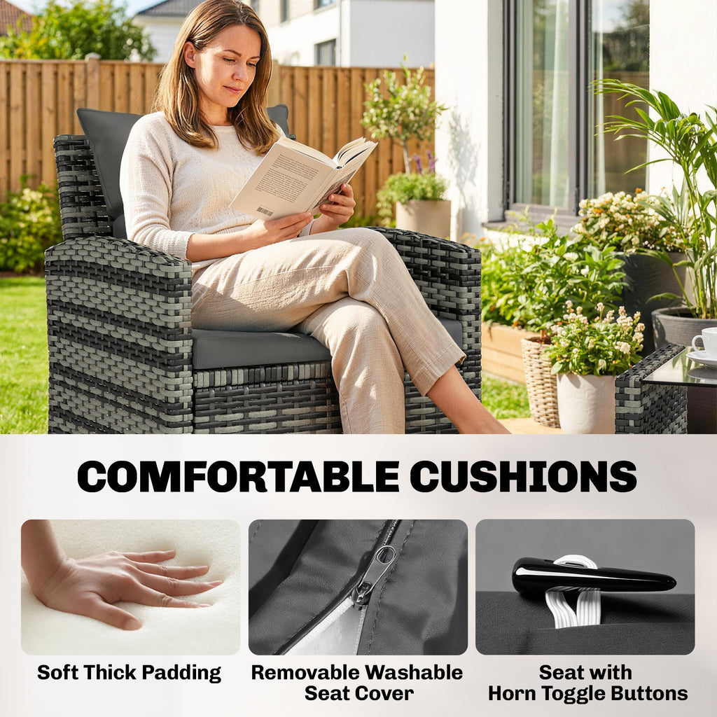 4-Piece Outdoor Wicker Patio Furniture Conversation Set, Includes Loveseat, Chairs and 2-Tier Table with Cushions, Modern Rattan Sofa Set for Backyard, Dark Grey