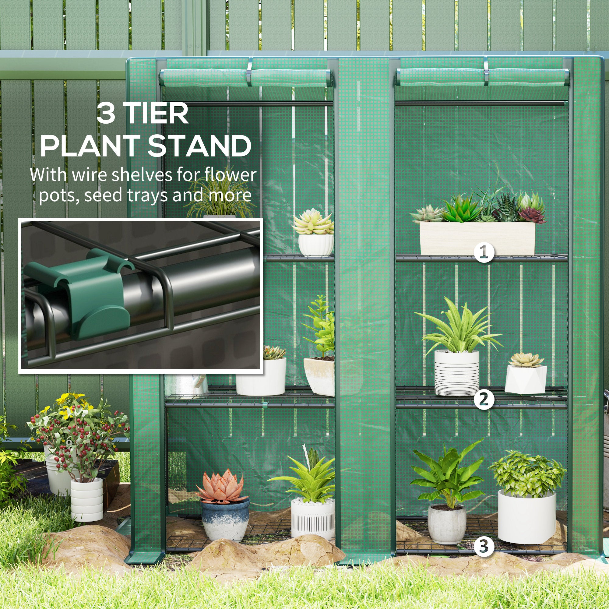 Lean-to Greenhouse with 3 Tier Shelves, Mini Greenhouse with 2 Roll-Up Doors for Indoor Outdoor, Green