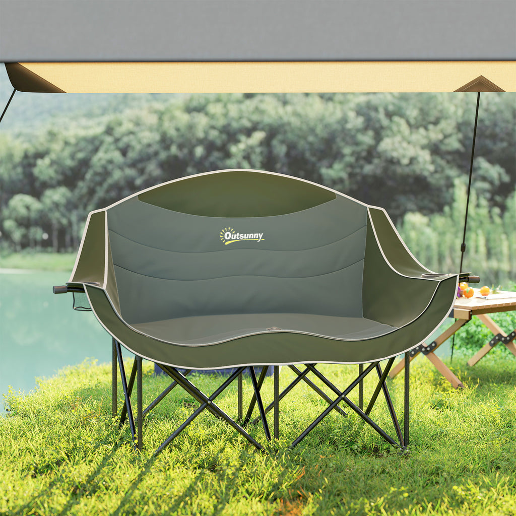 Portable Camp Chair, Double Camping Chair with Cup Holders and Carry Bag, Support 551 lbs, Dark Green