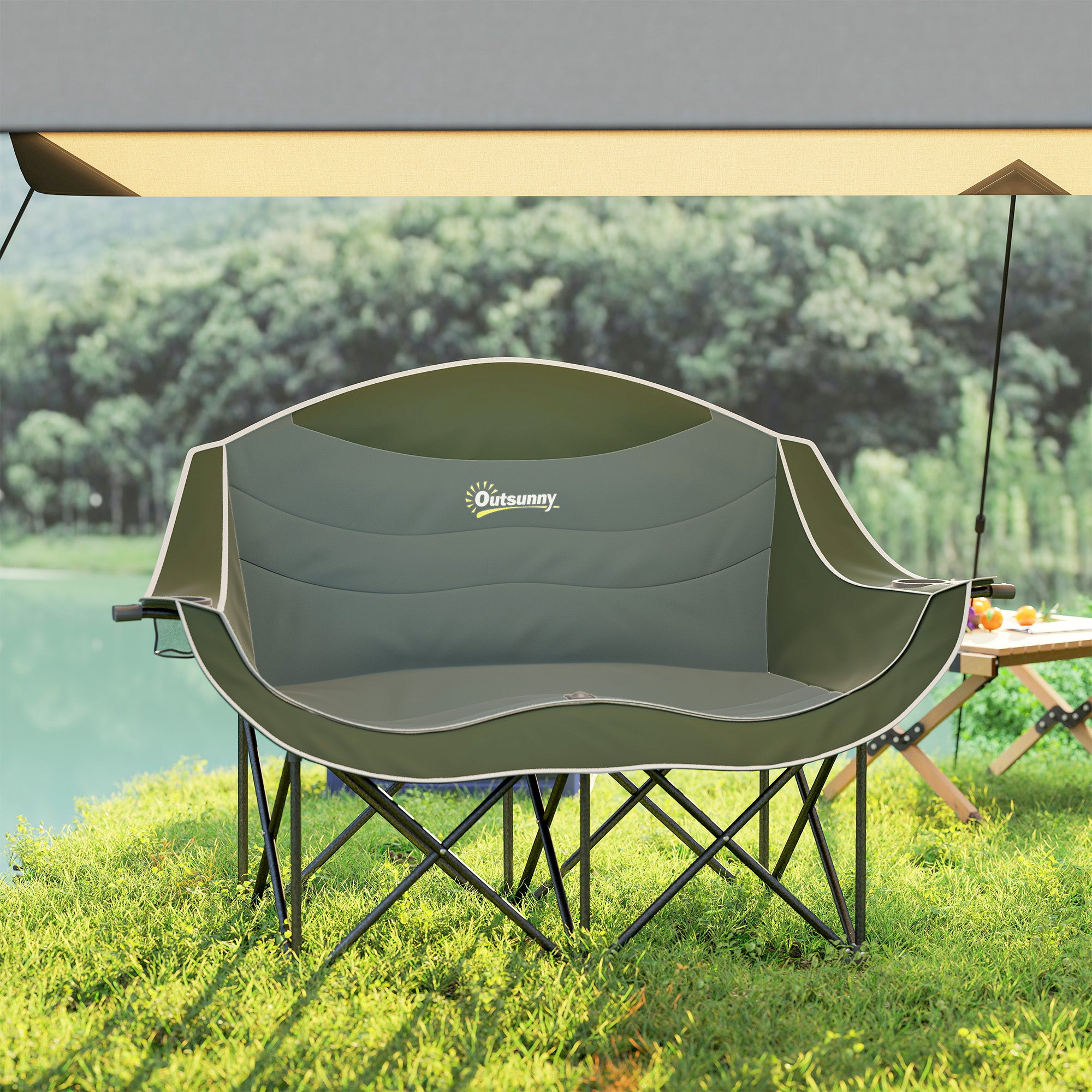 Portable Camp Chair, Double Camping Chair with Cup Holders and Carry Bag, Support 551 lbs, Dark Green